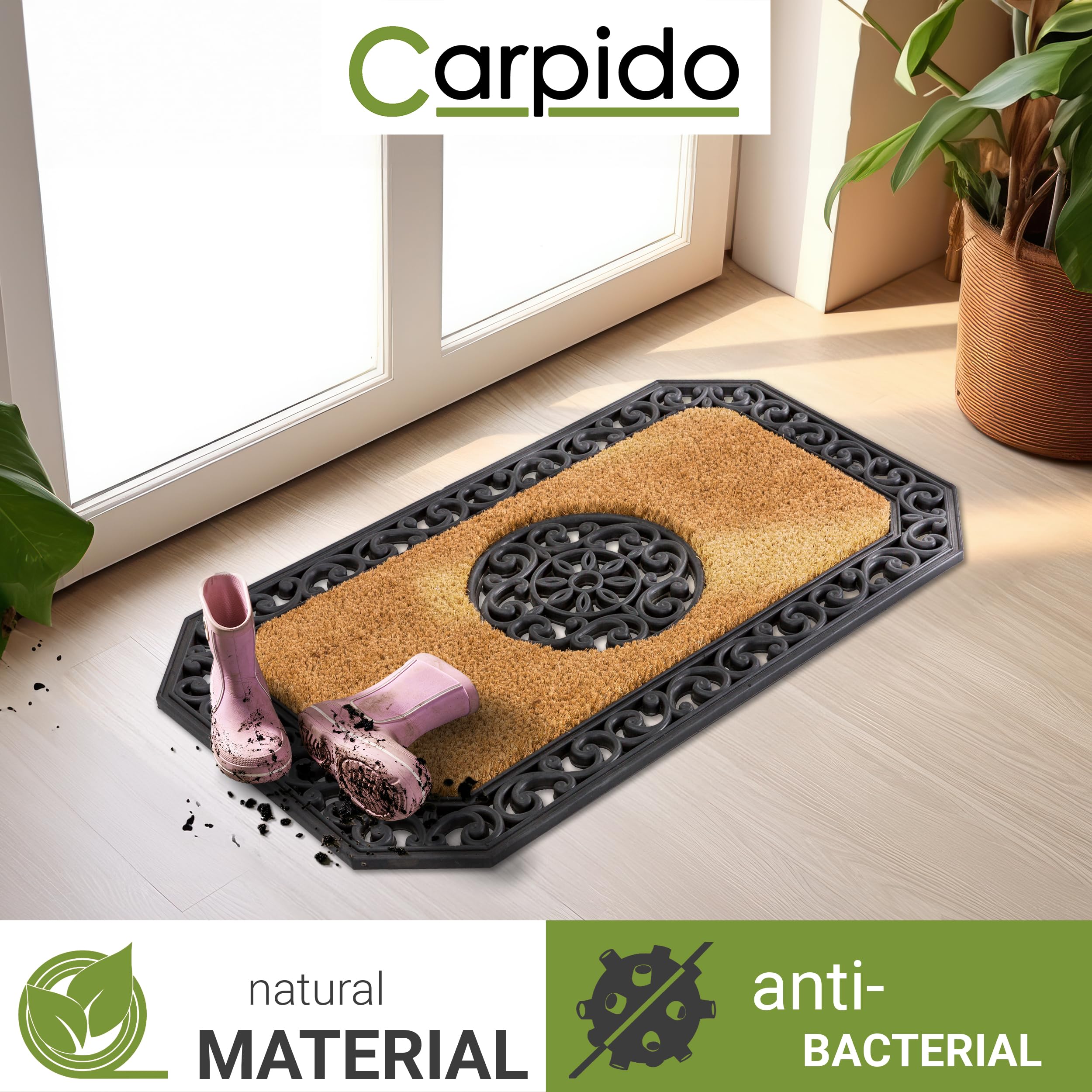 Carpido Wycieraczka naturalna – czystość, 45 x 75 cm, zestaw 2 szt., wycieraczka do wnętrz – mata wejściowa do zadaszonego obszaru zewnętrznego – mata kokosowa z gumową krawędzią