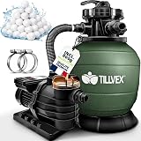 tillvex Système de Filtre à Sable 10m³/h + 800g Boules de Filtre – 7 Fonctions | Filtre de Piscine avec indicateur de Pression | Filtre à Sable pour bassins & piscines (Vert avec minuterie) - 1
