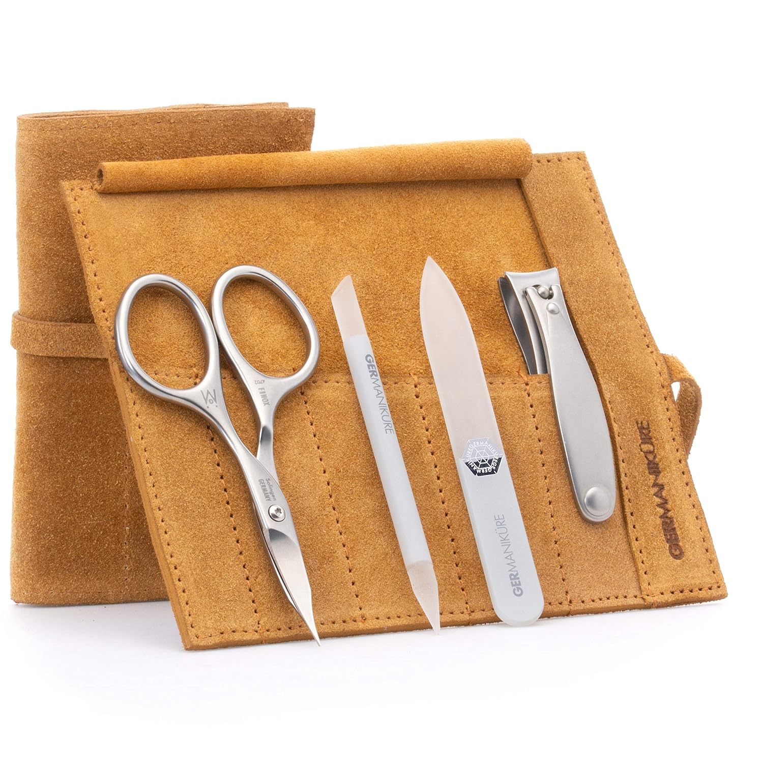 GERMANIKURE 4pc Mini Professional Manicure Set in Mustard Yellow Suede Case - FINOX Stainless Steel Tools Made in Solingen Germany, Glass Nail Care Supplies Made in Czech Republic