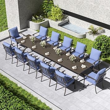 Kullavik 14 Piece Patio Table and Chairs Set for 12 with Umbrella Hole | Patio Dining Set with 12 Chairs and Rectangular Metal Dining Table,Outdoor Dining Set with Thick Cushions for Deck,NavyBlue