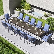 Kullavik 14 Pieces Outdoor Dining Set,Patio Dining Table and Chairs Set for 12,Fence Pattern Back Chairs with Thickened Cushions & Rectangular Metal Dining Table with Umbrella Hole for Patio,Navy Blue