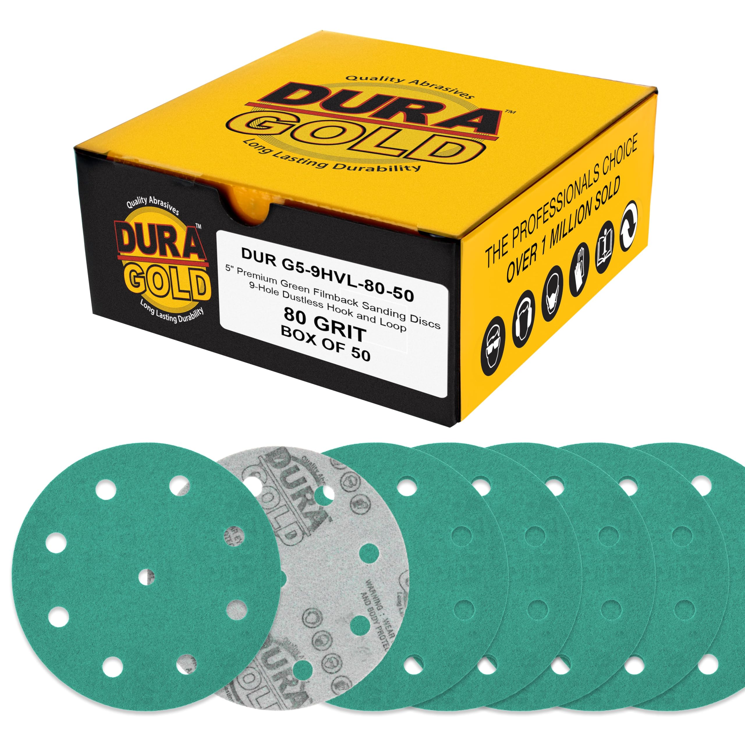 Dura-Gold Discos de lijado de película verde de grano 80 de 5 pulgadas, patrón de 9 agujeros, caja de 50 – Papel de lija resistente sin polvo para lijadoras orbitales DA y aleatorias, pintura de arena