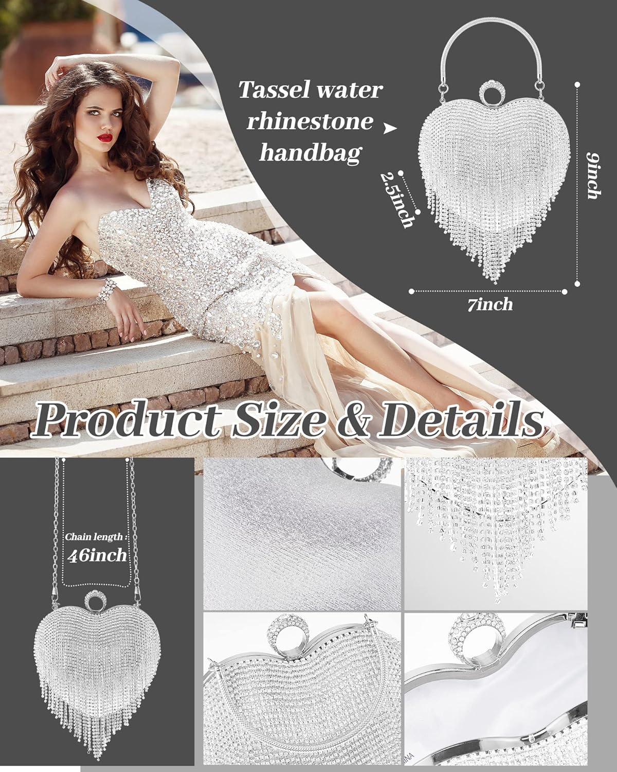 5 Pcs Valentine's Day Rhinestone Clutch Purses Jewelry Set for Women Heart Shape Tassel Evening Clutch Bag