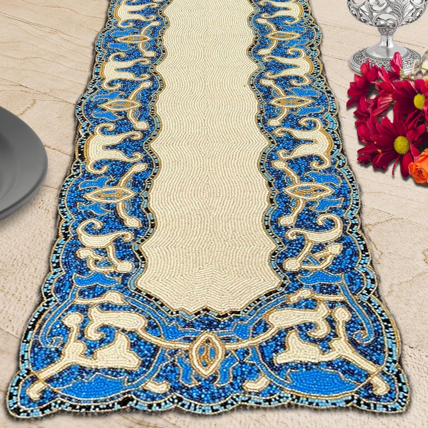 Decozen Beaded Table Runner - Embroidered Kitchen Runners for Dining Coffee Table Scratch Heat Stain Resistant Charger Kitchen Decor Durable - 54 x 13 Inches, White Blue