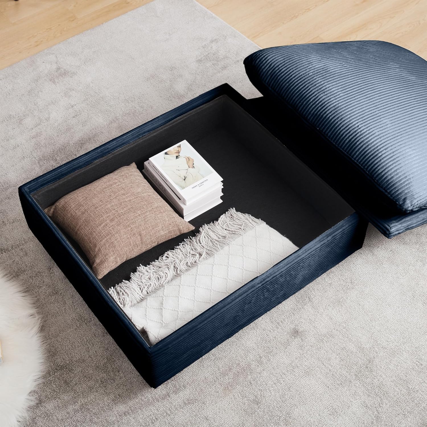 Corduroy Chaise Longue with Storage Spaces,Comfy Accent Chair with Ottoman Thicked Upholstered Pad Lounge Chair with Ottoman, Sleeper Reclining Chair with Footstool, Blue