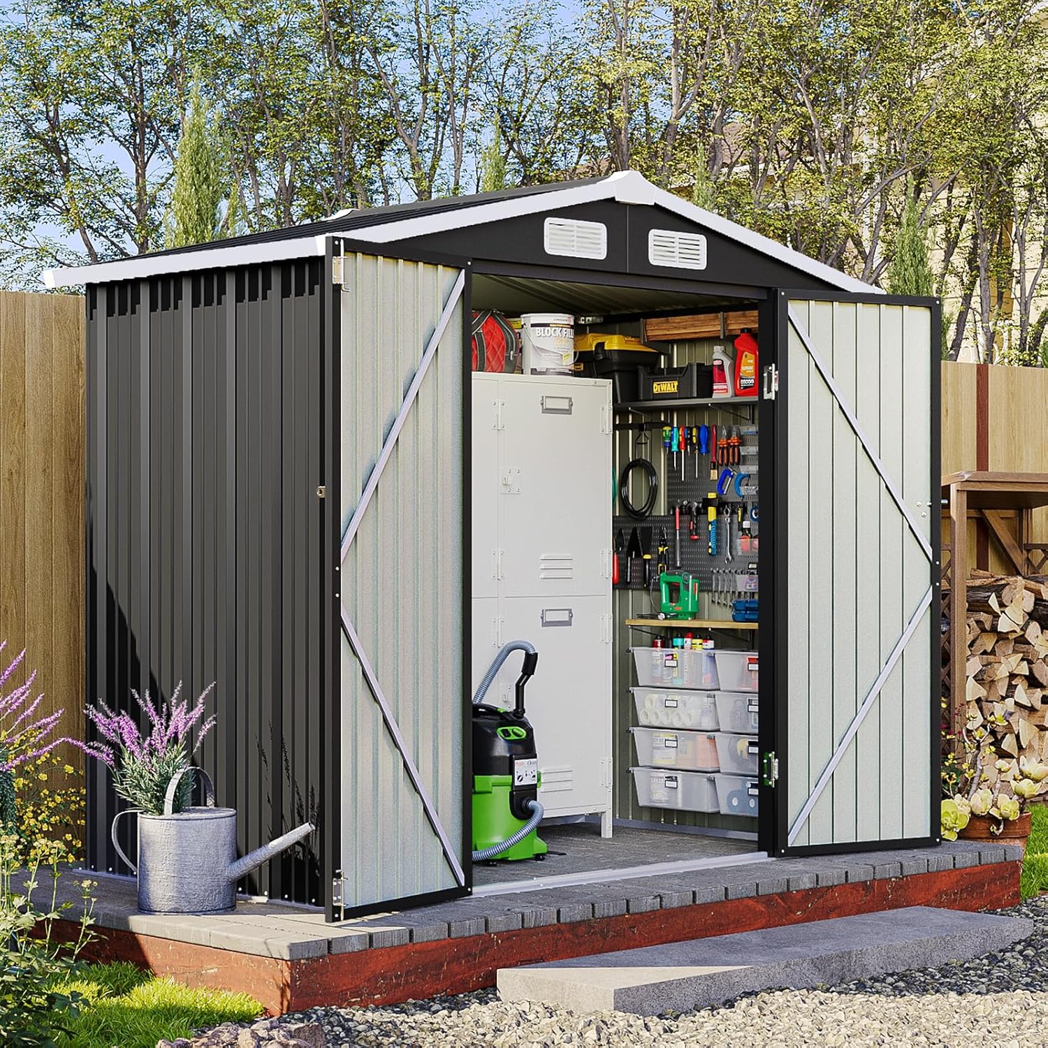 6x4FT Outdoor Storage Shed, Metal Garden Tool Shed with Sloping Roof & Lockable Door for Patio Lawn Backyard (Brown, 6x4FT)