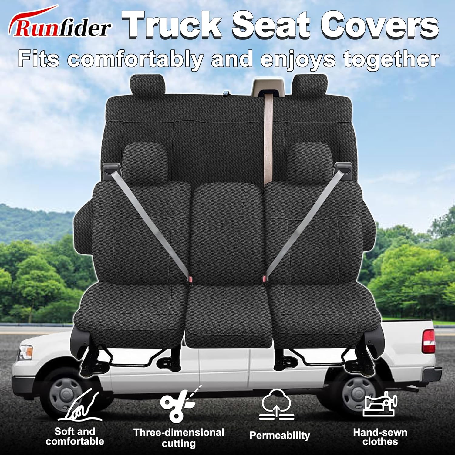 Truck Seat Covers for 2004 2005 2006 2007 2008 Ford F150 XLT Super Cab Knitted Fabric Heavy Duty Knitted Fabric Bench Seat Protectors Accessories - Front & Rear (Black)