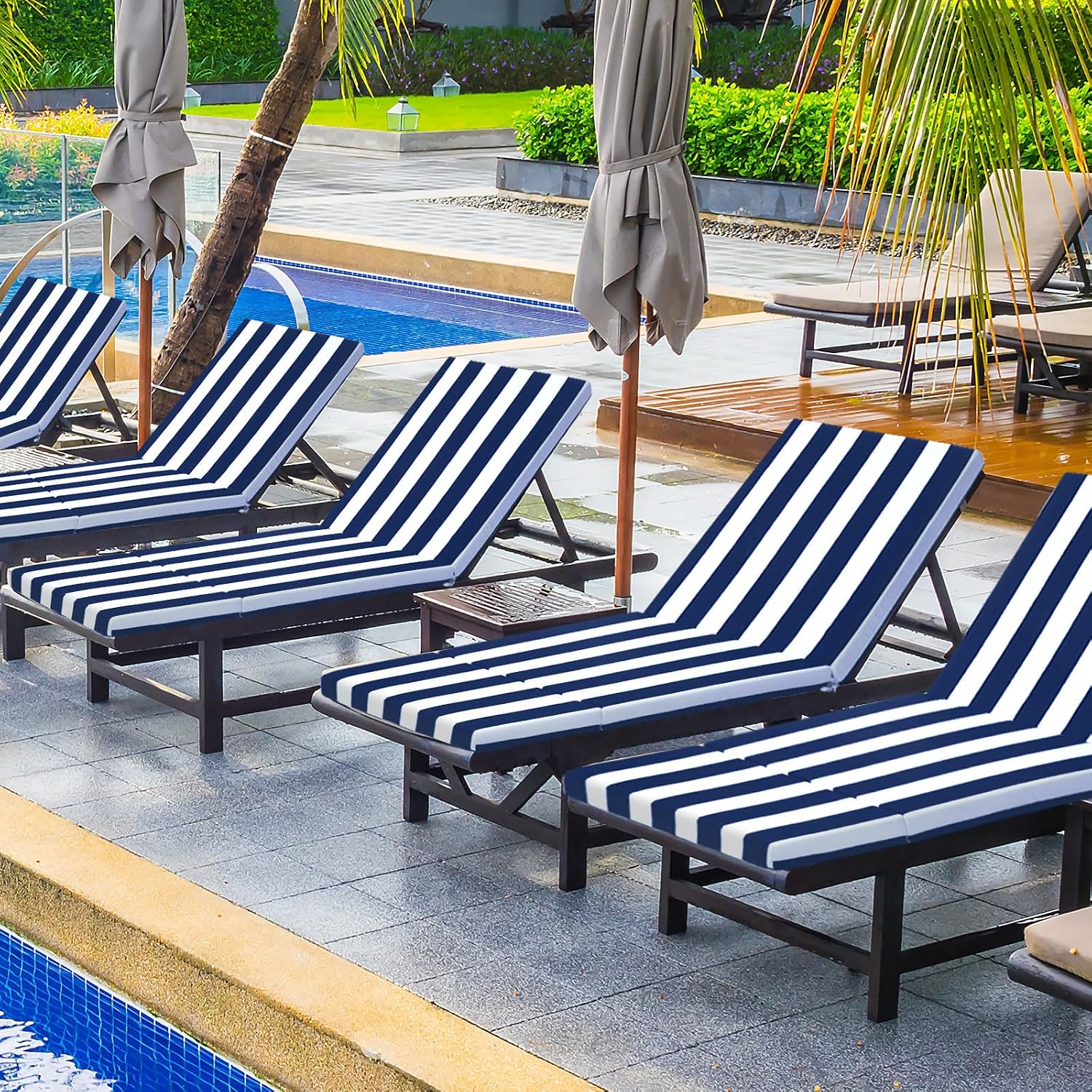 Pinkunn 4 Pcs Chaise Lounge Cushion Outdoor Lounge Chair Cushions 21 x 72 x 3 Inch Bench Seasonal Replacement Cushions for Summer Patio Bench Pool Beach (Navy Blue,White)