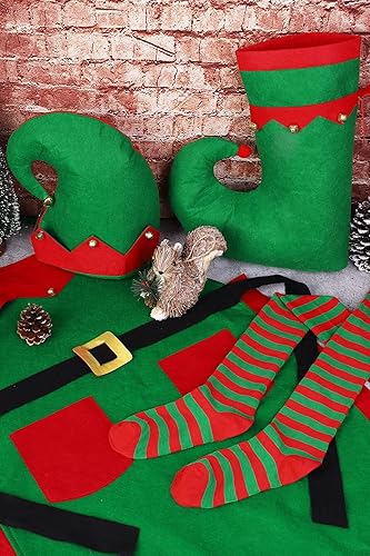 Miniatura 5 de Hiwooii - Disfraz de elfo de Navidad para adulto, disfraz de ayudante de Papá Noel, incluye sombrero de delantal de elfo con cascabel, zapatos,