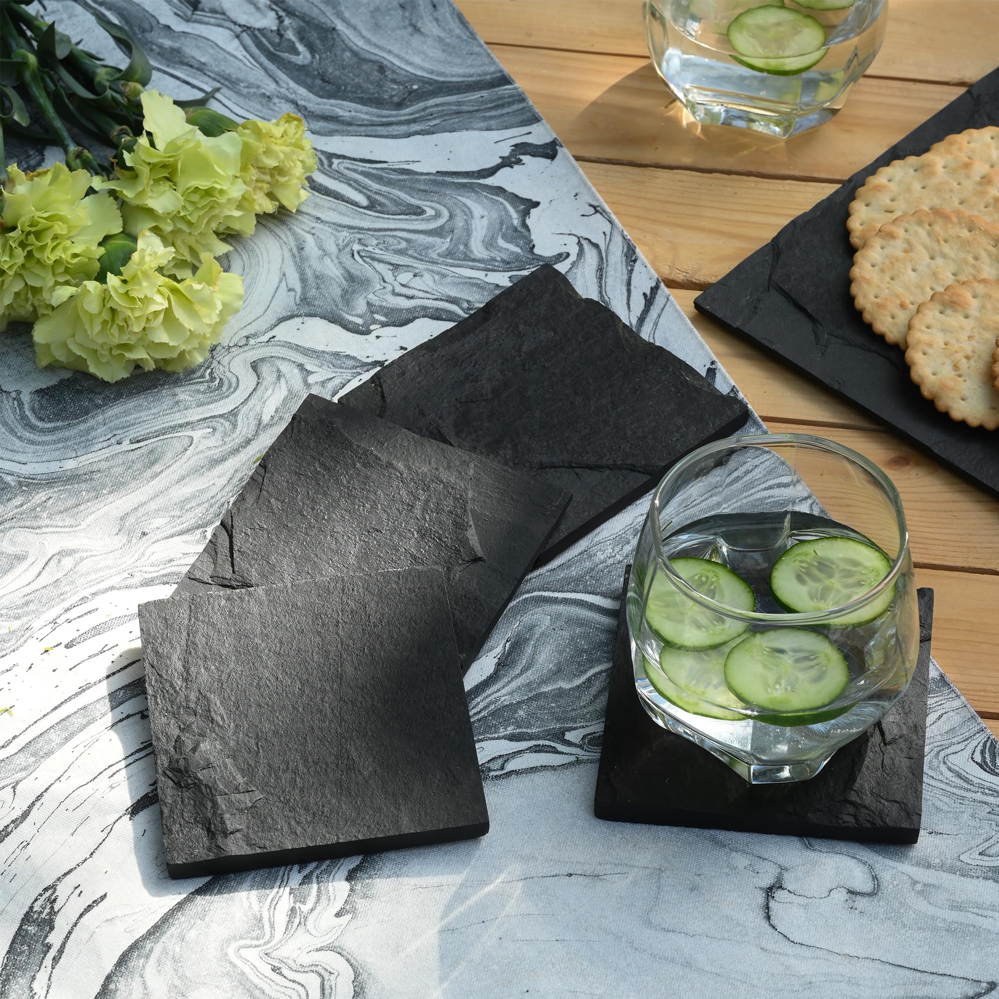 SEREIN Square Slate Black Coasters Set of 4 Drink Bar Natural Stone Coaster 4 Inches Anti Scratch Bottom for Bar Kitchen Home Office Coffee Table Decor DIY Gift - 4PCS 3