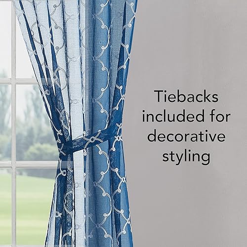Miniatura 4 de Creative Home Ideas Cortinas transparentes (2 paneles, 38 x 63 pulgadas, azul), paneles de cortina geométricos bordados con alzapaños, cortinas con
