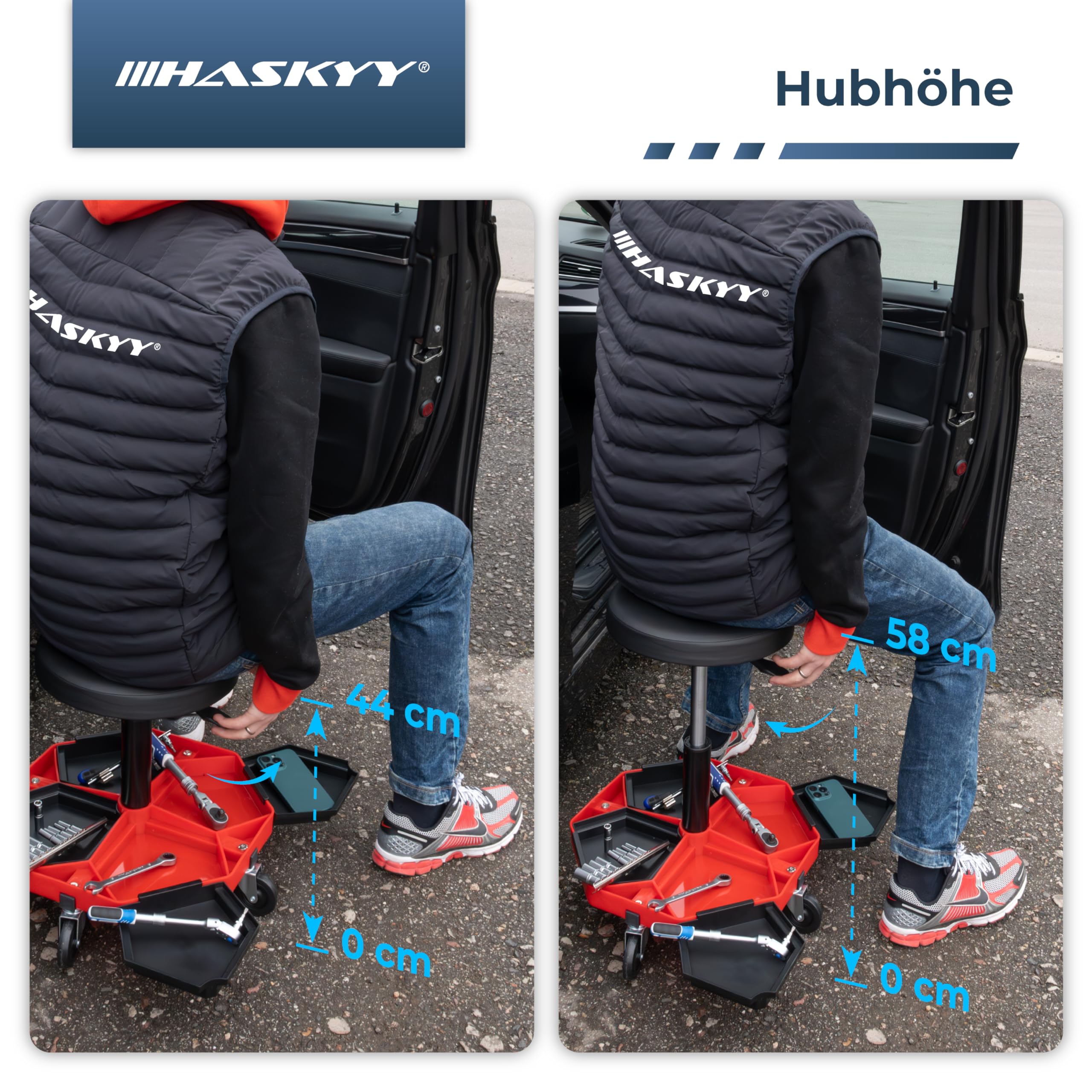 HASKYY Werkstatthocker Arbeitshocker Praxishocker 43-58cm - Bis 150kg belastbar - Gepolsterter Werkstattsitz mit 360° Rollen & Ablagefächern Schwarz/Rot