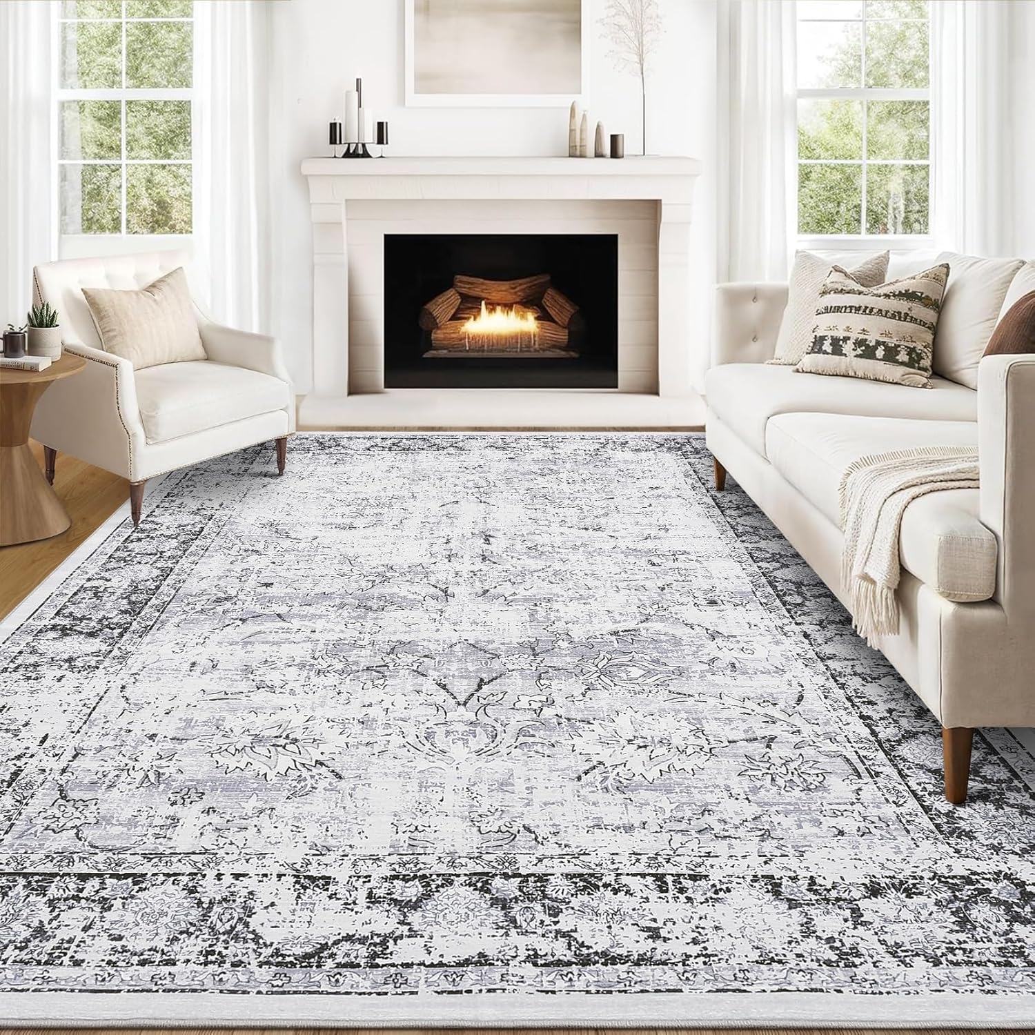 COZYLOOM 9x12 Area Rugs for Living Room - Washable Rug Modern Soft Large Neutral Non-Slip Carpet Indoor Floor Stain Resistant Thin Carpets for Bedroom Dining Room Farmhouse Nursery Home Office（Grey）