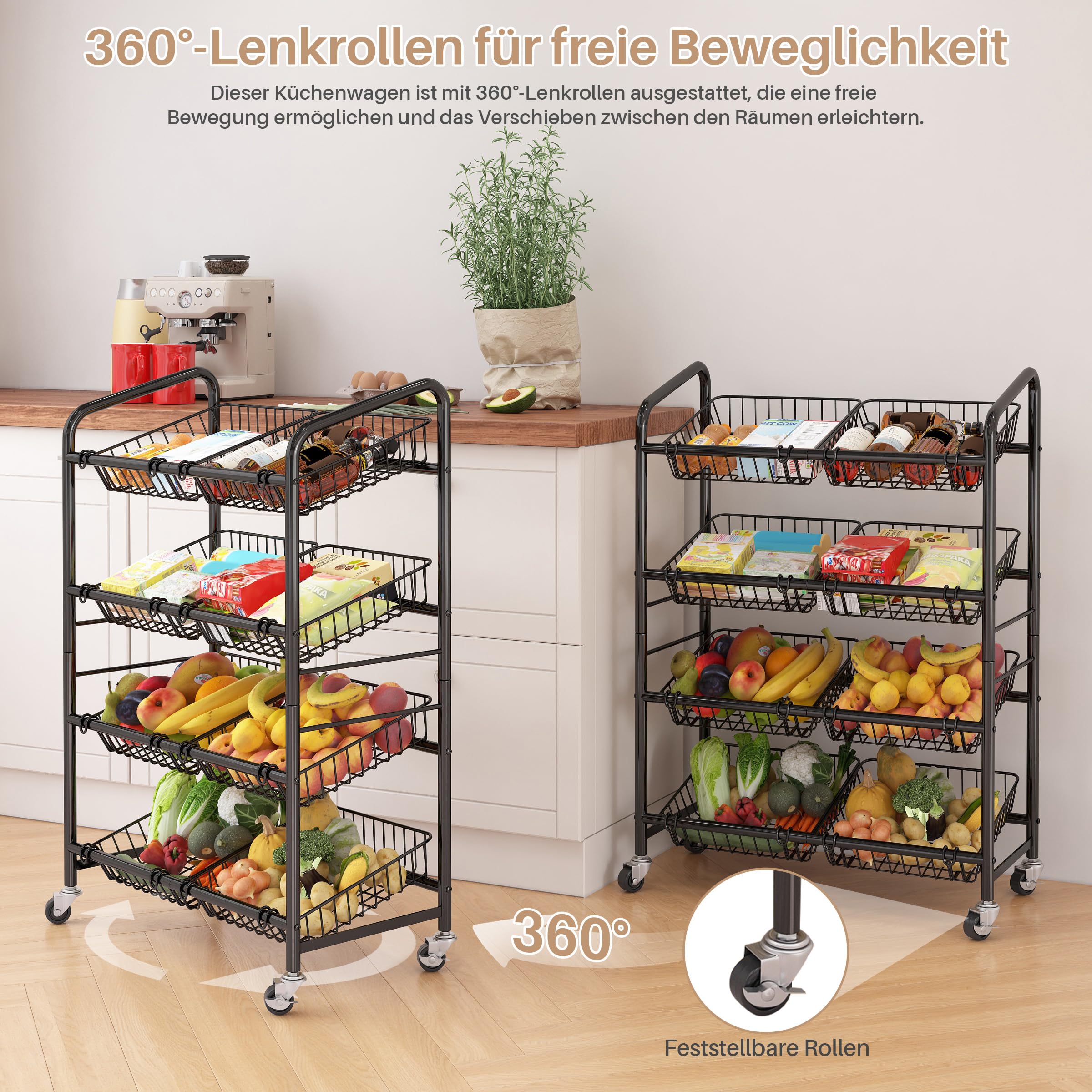 Metall Küchenwagen mit 8 Körben, 4 Ebenen Aufbewahrung Rollwagen | Multifunktionales Regal mit Herausnehmbare Körbe, Rollen, Mobiler Snackwagen, für Obst, Gemüse, Zwiebeln, Kartoffeln,Schwarz