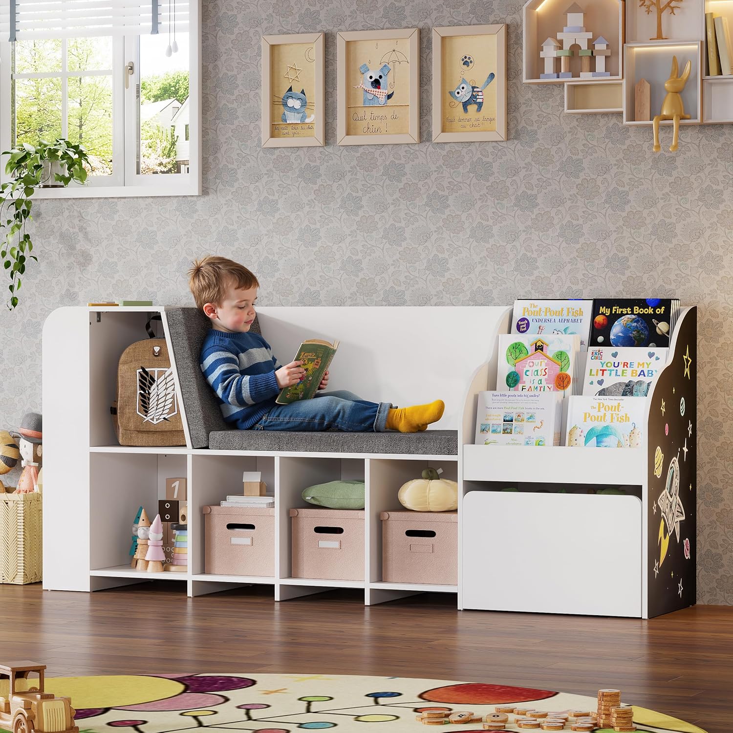 Kids Bookshelf with Reading Nook, Wooden Toy Storage Organizer with Chalkboard and Bench, Kids Reading Nook for Boys & Girls, Toddler Toy Shelf for Nursery, Playroom,White