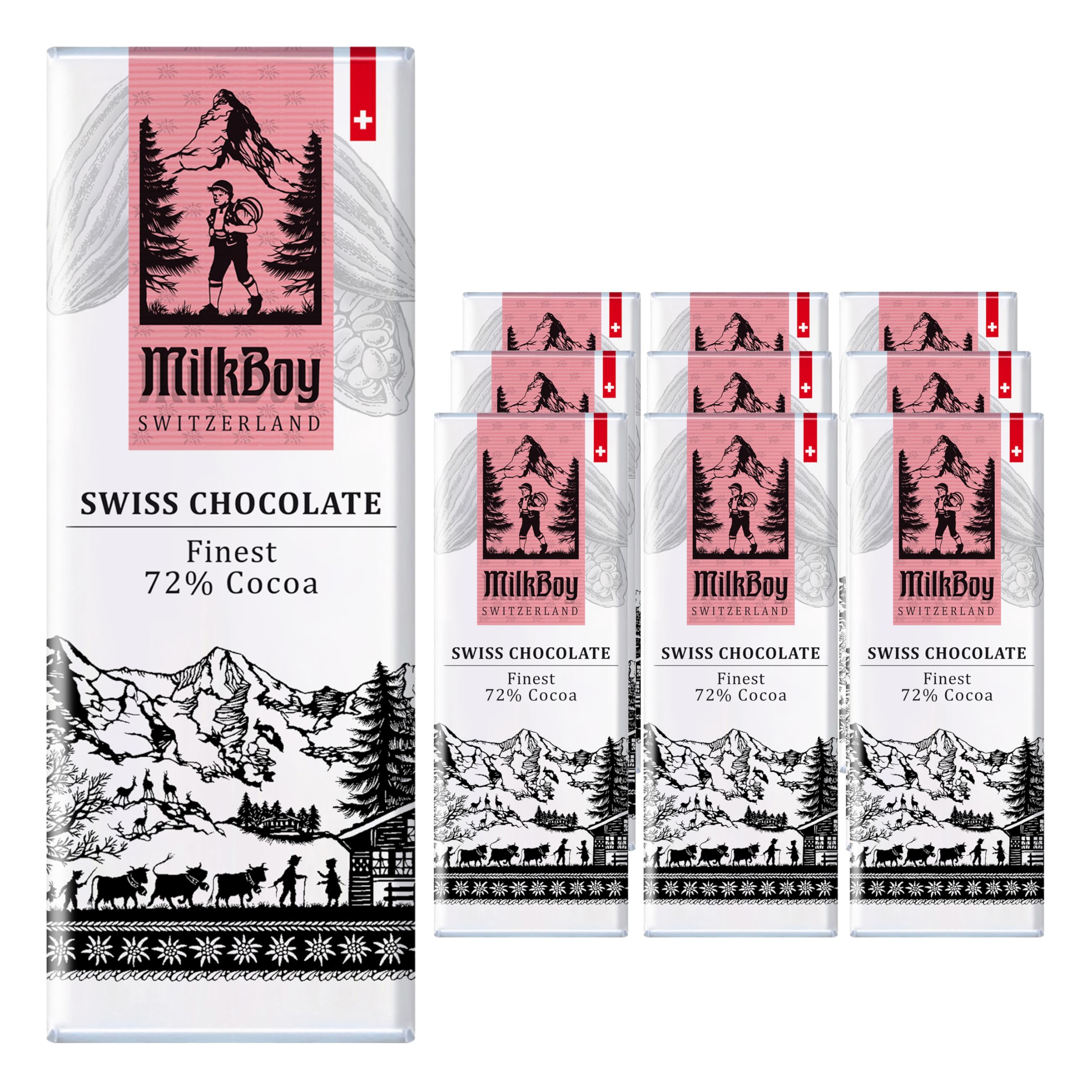 Milkboy Swiss Chocolates Gourmet Dark Chocolate Bar - 72% Chocolate Made in Switzerland, Kosher. Vegan Gluten Free, Dairy Free Swiss Chocolate Bars, Sustainably Farmed Cocoa Bars - 1.4 oz, 10 Pack