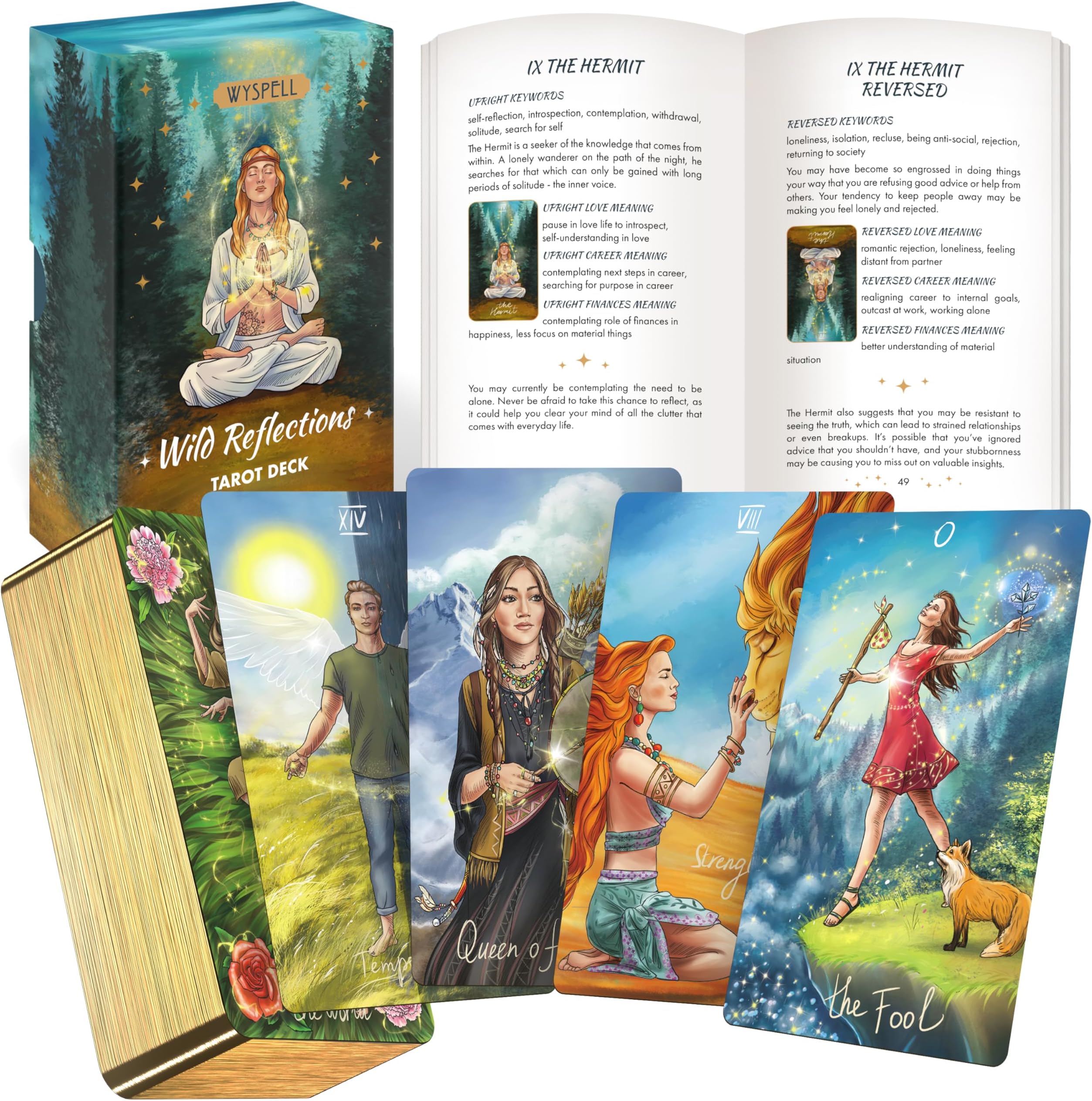 Wyspell Wild Reflections Tarot Deck with 200-Page Guidebook, Gold Edges, and Gift Packaging