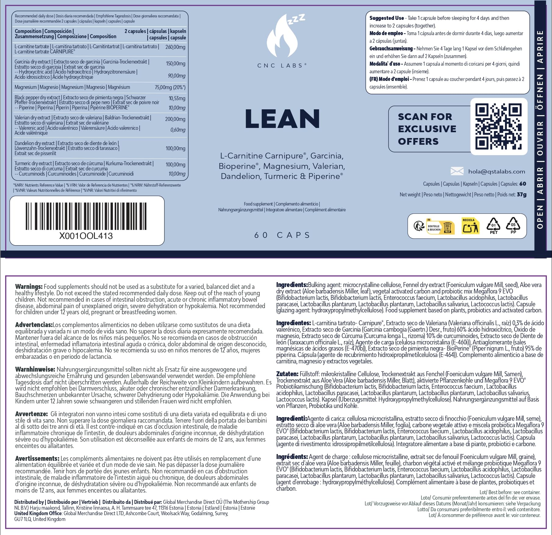 QSTA LEAN – Formula Notturna Senza Caffeina con Carnitina, Garcinia, Bioperine, Curcuma, Valeriana, Magnesio e Tarassaco – Nutrienti per Metabolismo e Benessere – Adatto ai Vegani