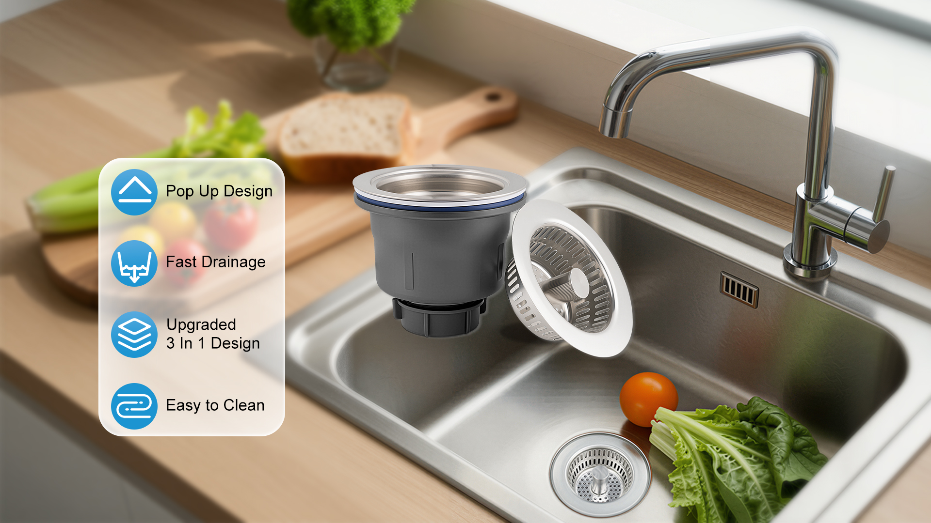 Kit combo colador y tapón para fregadero cocina acero miniatura 7