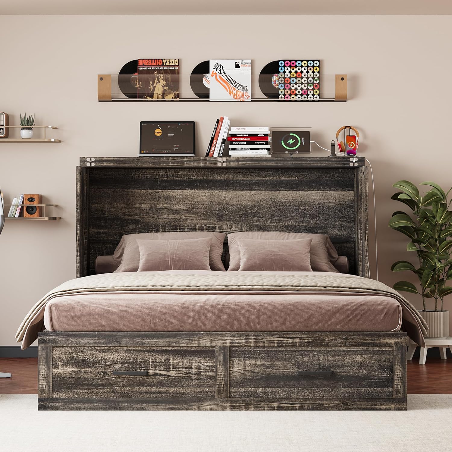 Bellemave Queen Murphy Bed, Cabinet Bed with Charging Station and Storage, Farmhouse Murphy Cabinet with Foldable Panel, Noisy Free, for Guest Bedroom, Living Room, Office, Rustic Gray