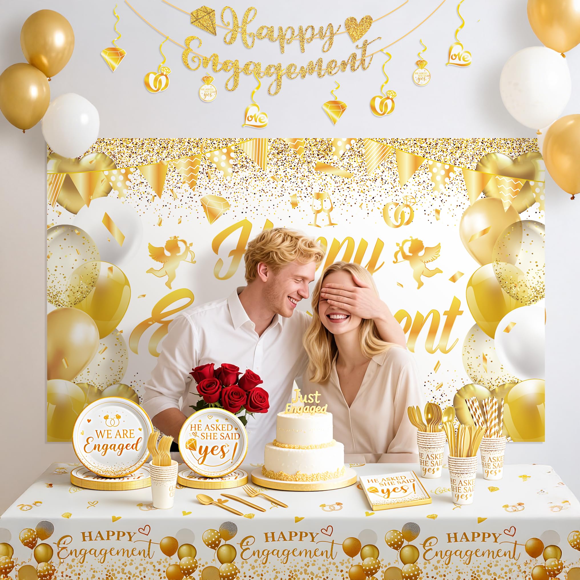 Décorations de fête de fiançailles, kit de fournitures de fête « He Asked She Said Yes », assiettes en papier, serviettes, nappe de table jetable pour décoration de demande en mariage, pour 20
