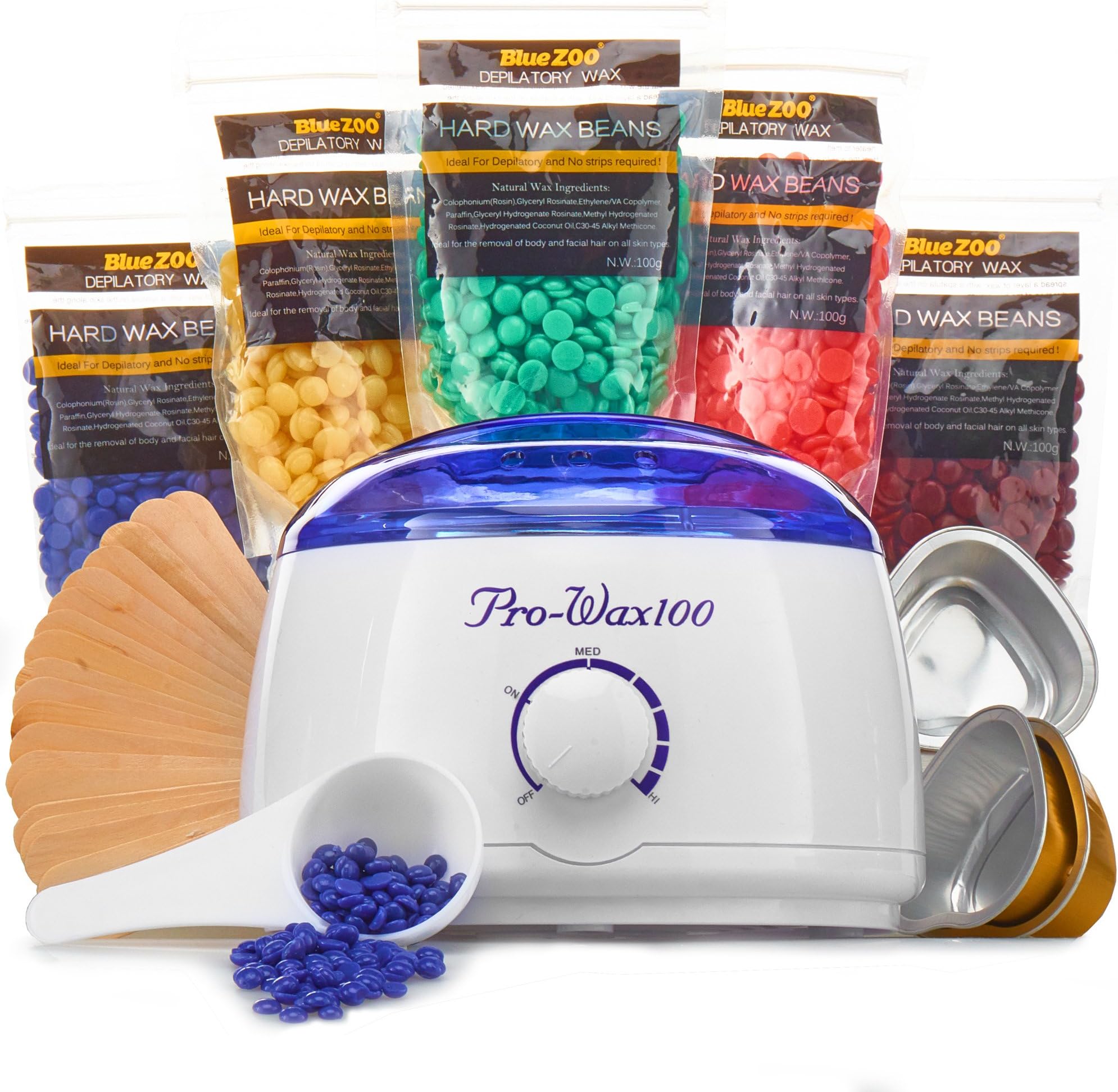 Wax Warmer (Heater) Hair Removal Kit The Greatest Value For The Money with 5 Pack of Hard Wax Beans (Beads), Wooden Spatulas (20 pcs), 3 Small Bowls, 20 Body Wax Strips, 1 Wax Spoon