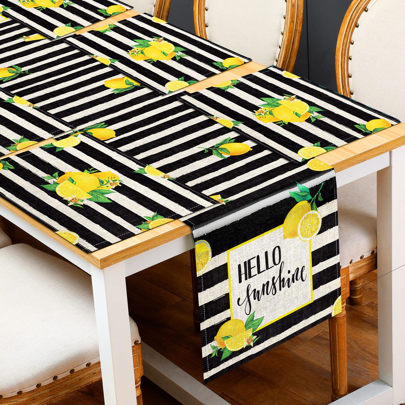 Photo 1 of 7 Pieces Watercolor Stripes Hello Sunshine Table Runner Placemats Seasonal Lemon Spring Summer Decorations for Kitchen Dining Table Vintage Farmhouse Holiday Table Mat Set for Home Party Decor SET OF 2