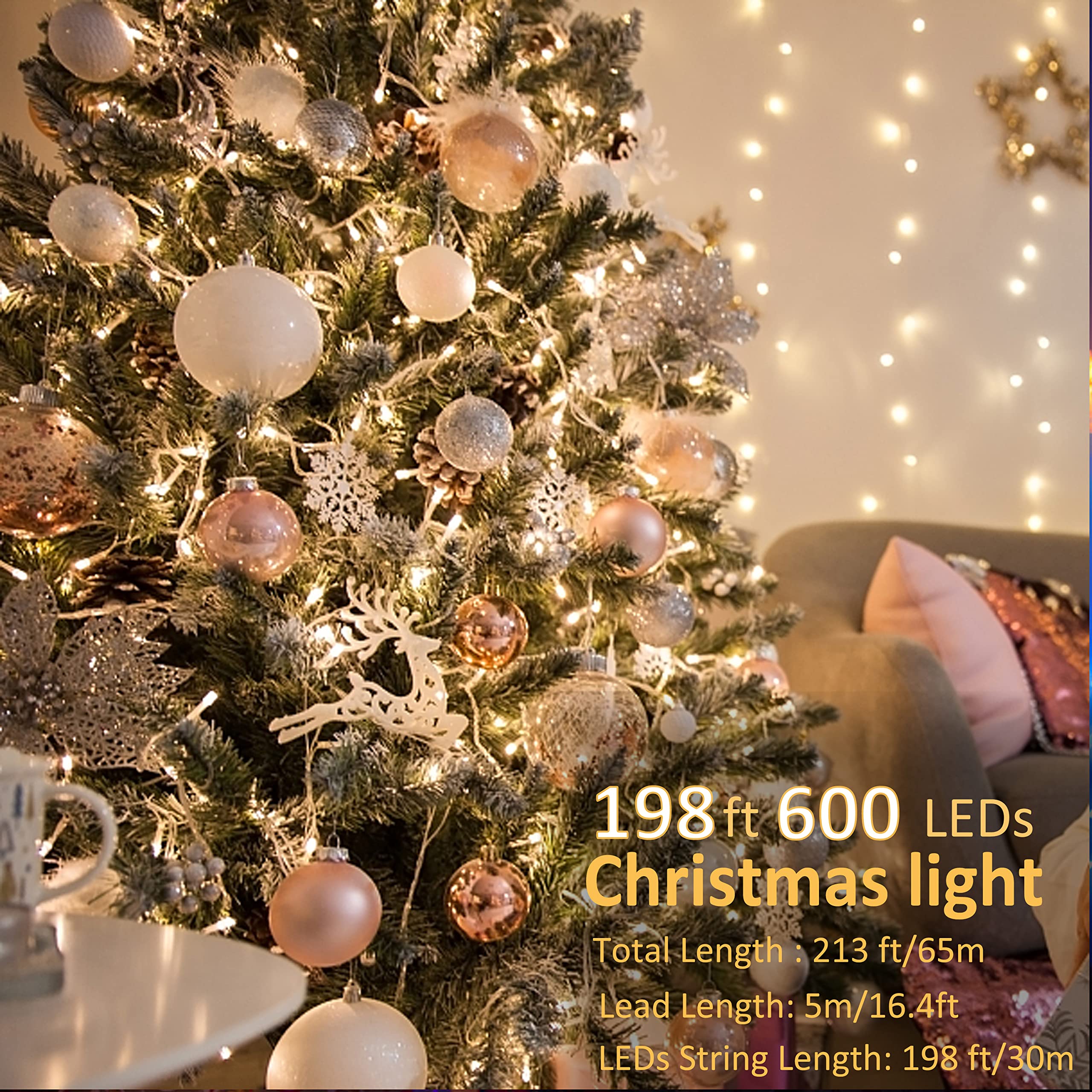 Lomotech Extra Long 198ft 600 LED Christmas String Lights, 8 Modes & Memory Timer Function, Light for Home Xmas Tree Wedding Party Room Yard Holiday Decorations, Indoor and Outdoor Waterproof Lights
