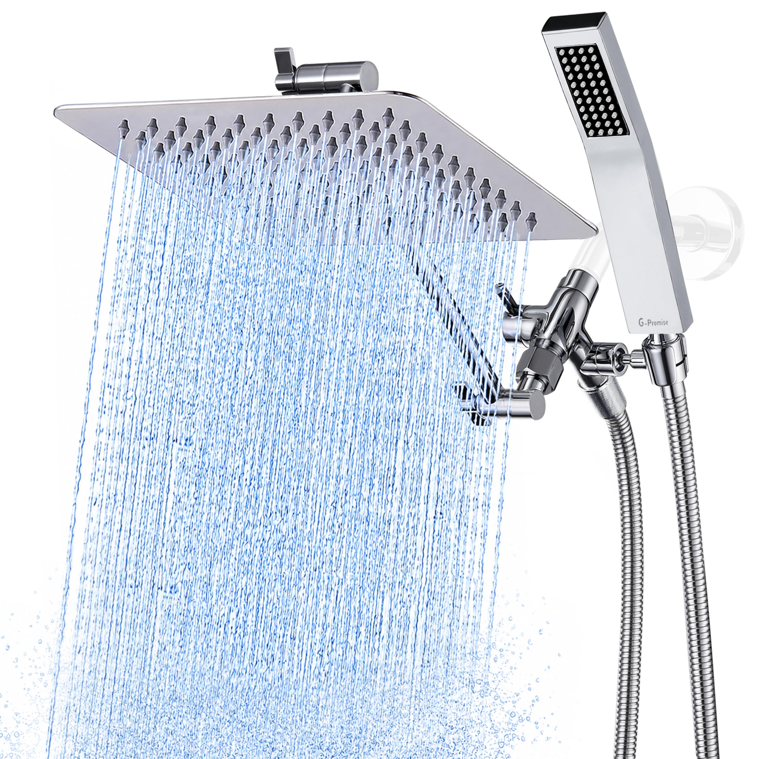 G-Promise All Metal 8" Rain Shower Head with Handheld for Bathroom Upgrade | All Metal, Built to Last, Full Body Coverage, Adjustable Height & Angle for All Heights, Extra Long Hose, Easy Install