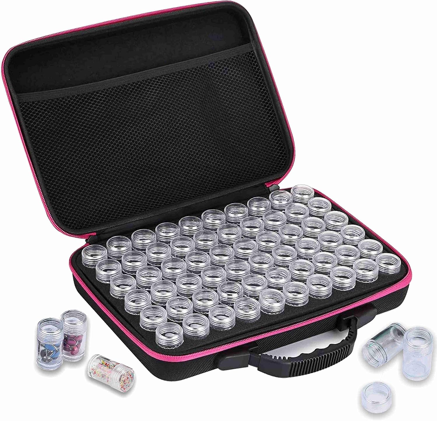 Diamond Painting Storage Containers, 60 Slots EVA Shockproof Beads Storage Organizer Case for Diamond Embroidery Painting Art Accessories Sewing Pills Container with 60 Grids Plastic Jars (Pink)