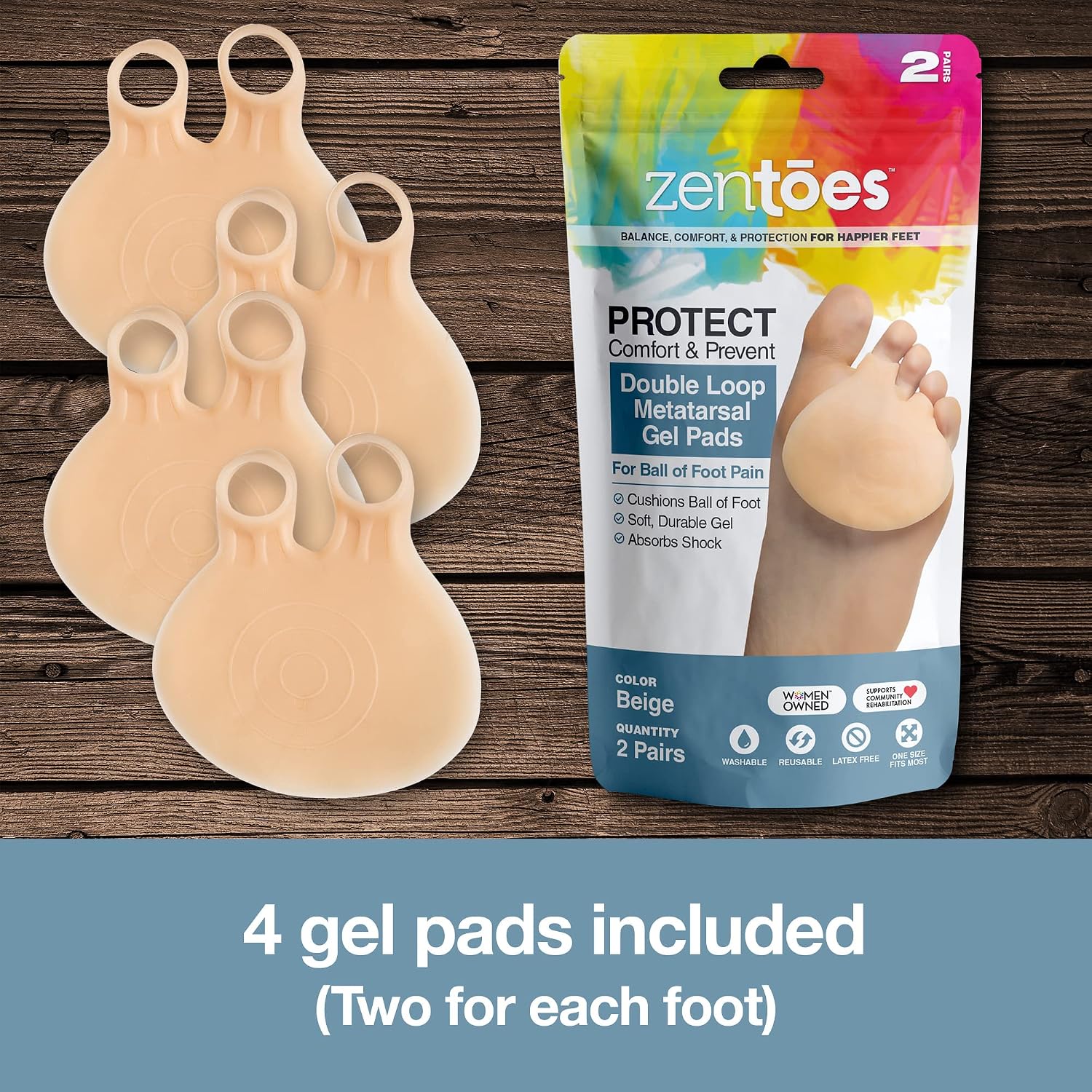 ZenToes Double Loop Gel Metatarsal Foot Pads 4 Pack Ball of Foot Cushions for Pain Relief from Metatarsalgia, Morton’s Neuroma, and Metatarsal Fractures (Beige)