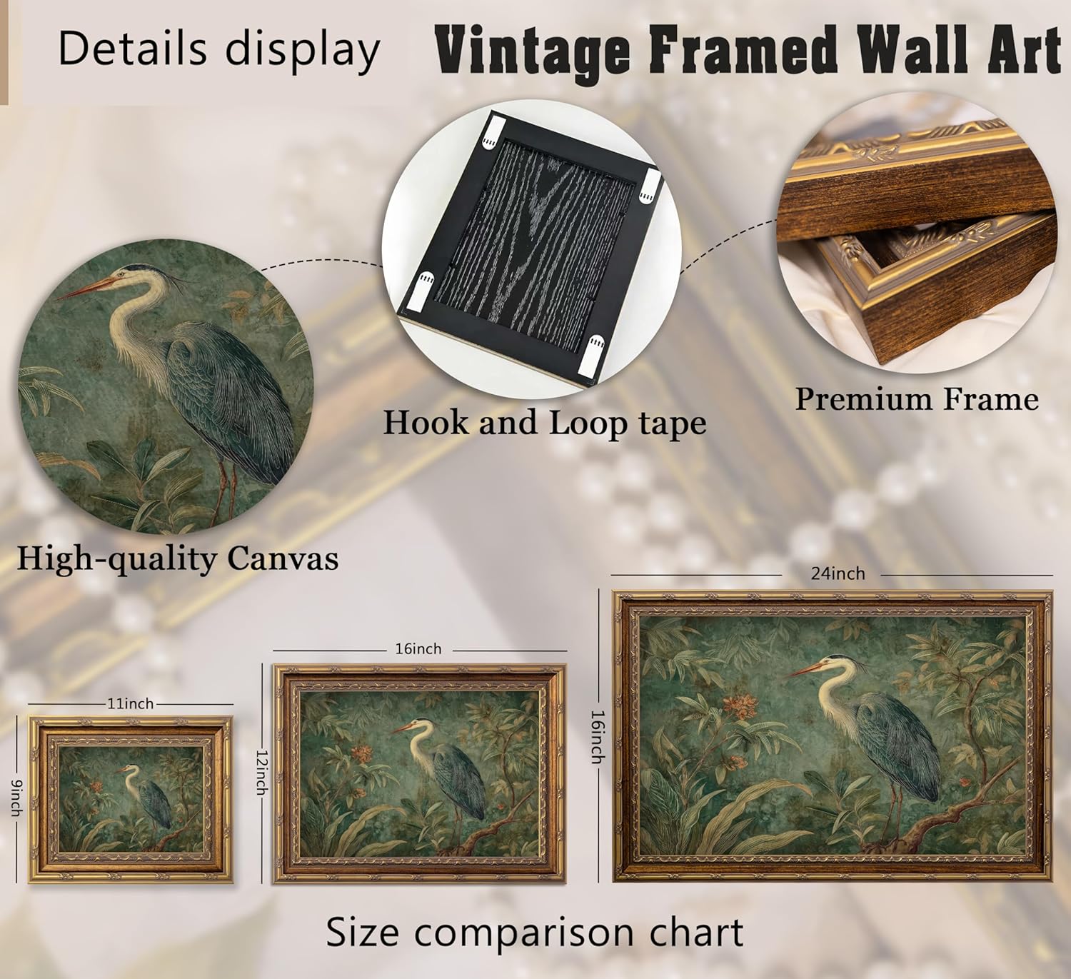 Vintage Gold Framed Canvas Wall Art Blue Heron Nature Wildlifate Painting Picture Wall Decor Botanical Birds Poster Print Artwork for Living Room Bedroom Office Home Decoration
