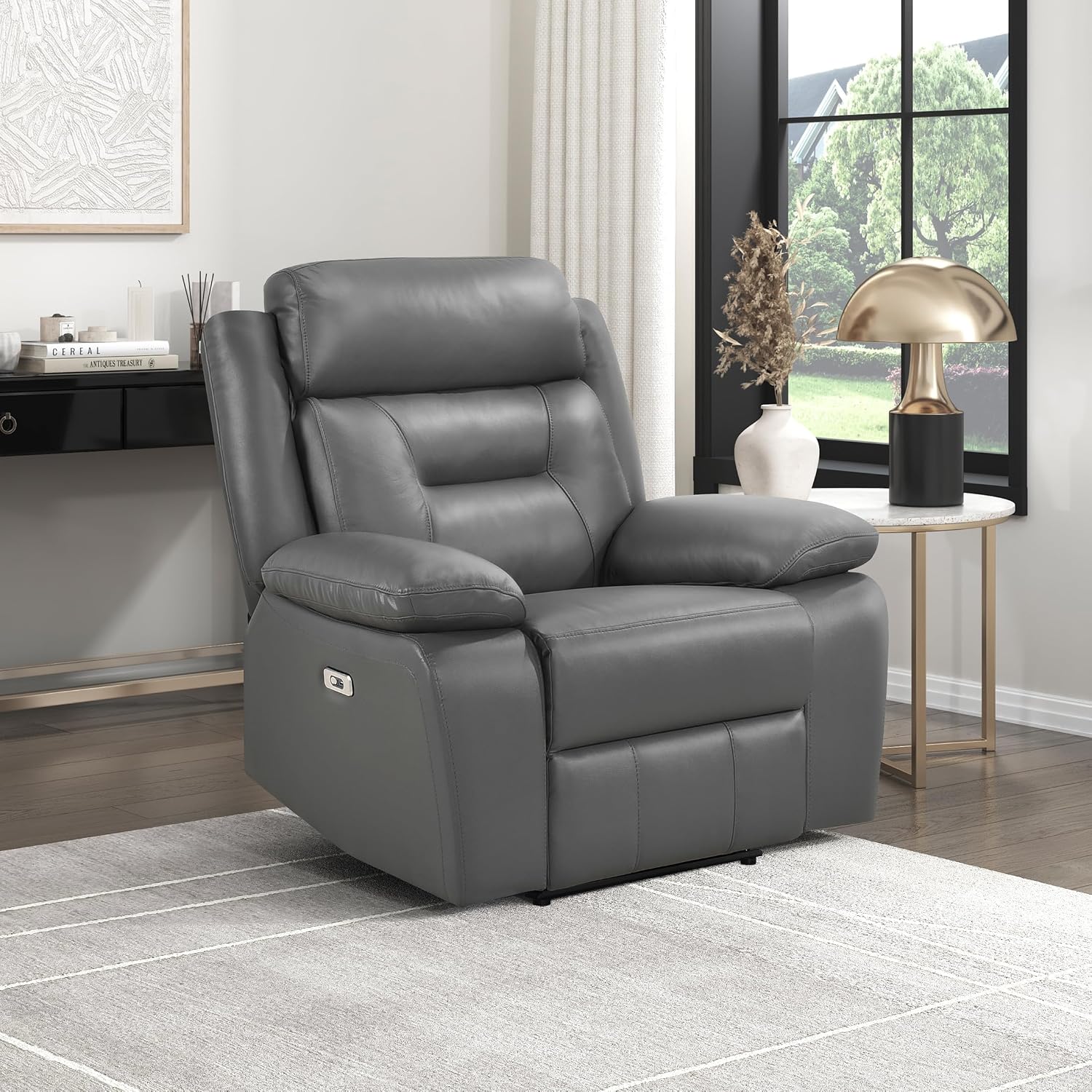 Lexicon Power Recliner Chair for Living Room, Top Grain Leather Match Recliner with Pillow Top Armrests, Home Theater Seating, Wall Hugger Recliners with USB Port, 40" W, Dark Gray
