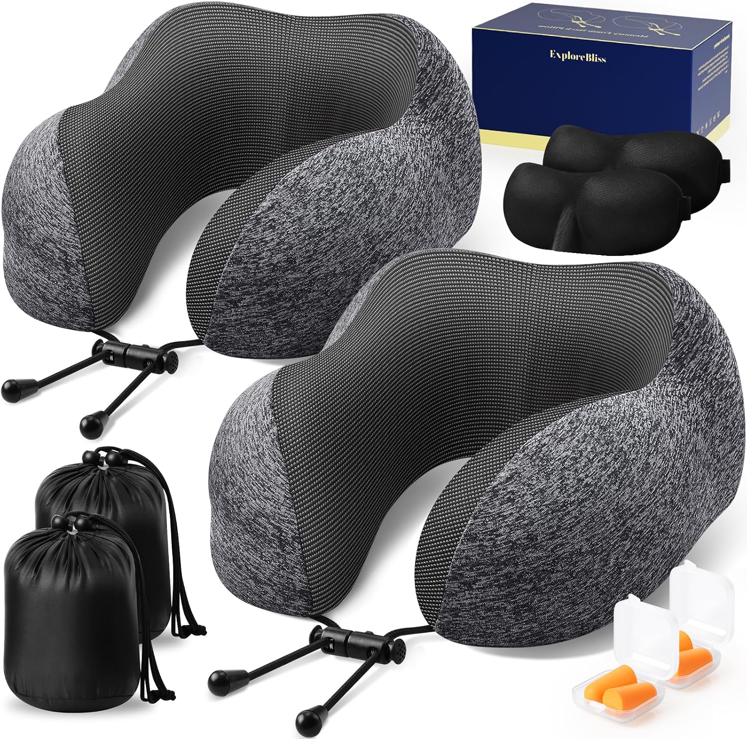 Memory Foam Travel Neck Pillow - 360° Support With Eye Mask & Earplugs In Portable Box