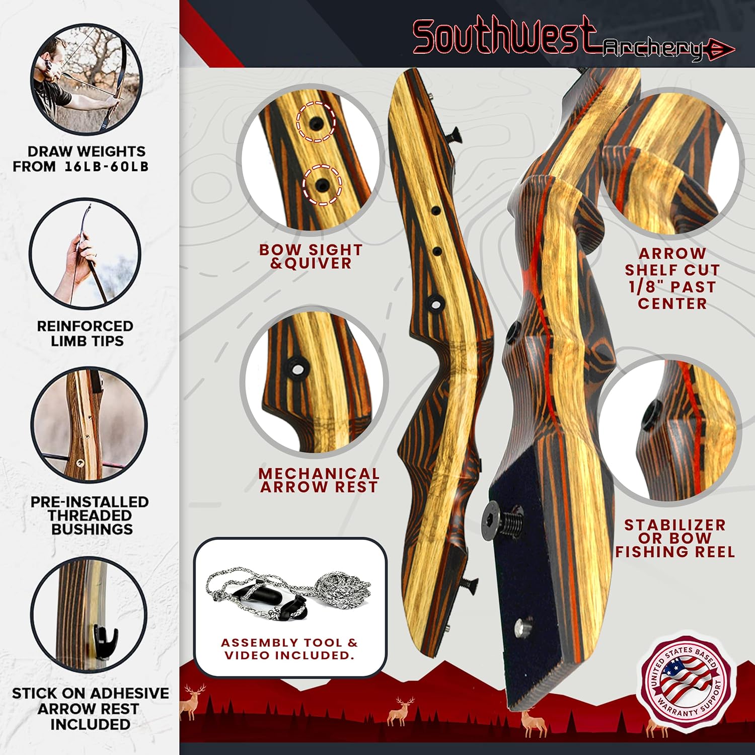 Southwest Archery Tigershark Takedown Recurve Bow – Standard & PRO Versions – 62" Hunting Bow – Left & Right Handed – Draw Weights in 16lb-60lb – USA Based Company – Includes Stringer Tool