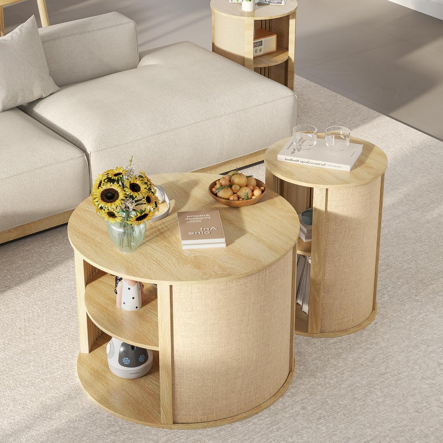 Wood Round Coffee Table Set of 3, 2-Tier Farmhouse Circle Center Coffee Table and End Table Sets with Adjustable Shelf, Sackcloth Finish, Boho, for Living Room, 27.5 Inches, Nature