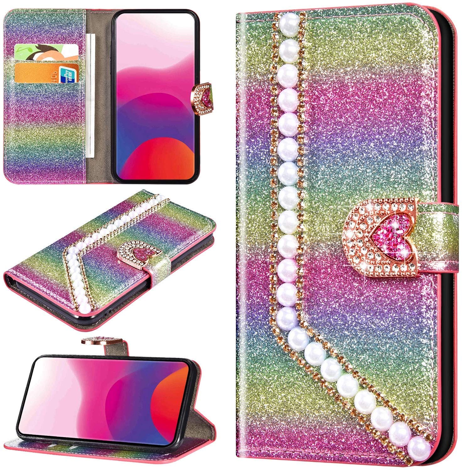 Robinsoni Case Compatible with Galaxy A50 2018 Phone Case PU Leather Wallet Cover Shockproof Kickstand Card Slots Case Sparkle Bling Notebook Cover Flip Stand Elegant Pearl Book Case Green