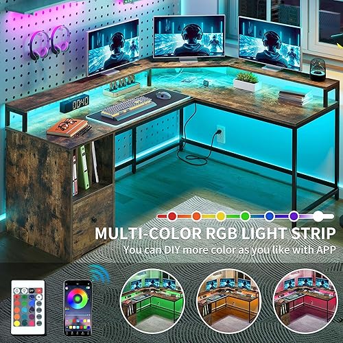 Miniatura 4 de YITAHOME L Shaped Desk with Power Outlets & LED Lights, 67" Computer Desk with File Drawer, Corner Desk Home Office Desk with Monitor Stand & 3