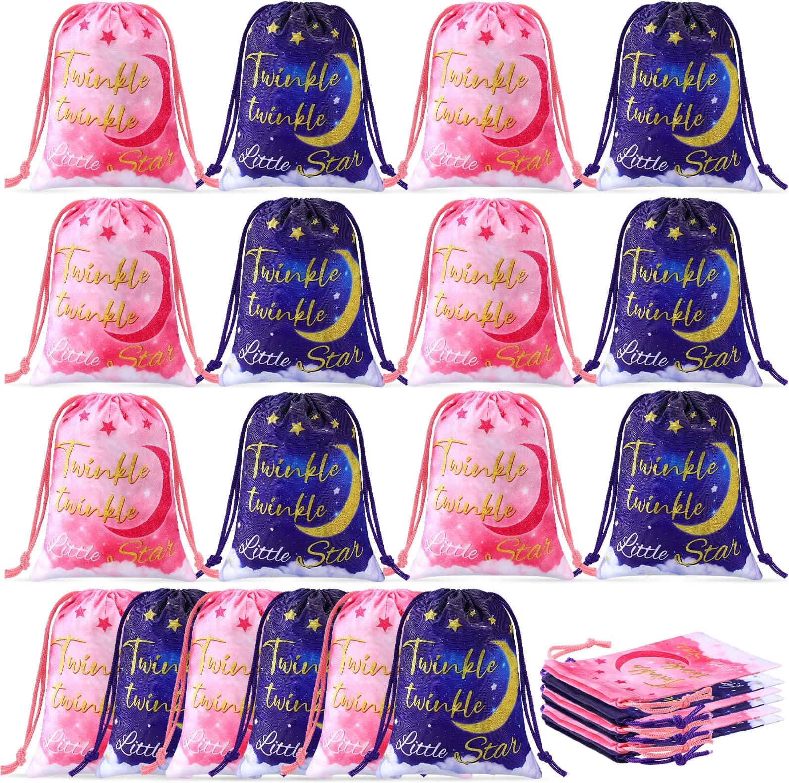 Faccito 24 Pcs Gender Reveal Party Favor Bags Pink and Blue Gender Reveal Candy Bags Moon Star Party Drawstring Bags Twinkle Star Gift Bags for Baby Shower Birthday Party Supplies