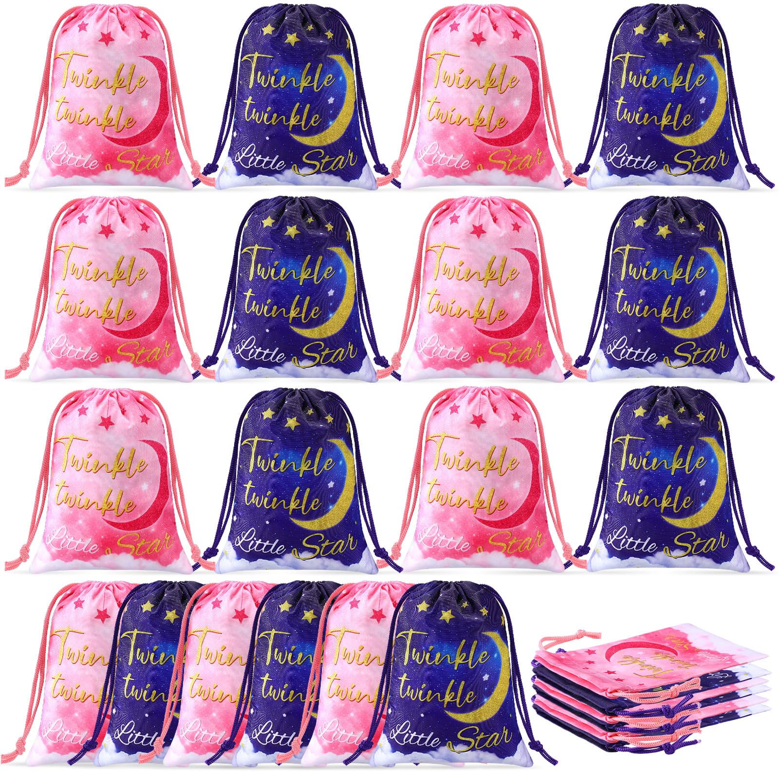 Faccito 24 Pcs Gender Reveal Party Favor Bags Pink and Blue Gender Reveal Candy Bags Moon Star Party Drawstring Bags Twinkle Star Gift Bags for Baby Shower Birthday Party Supplies