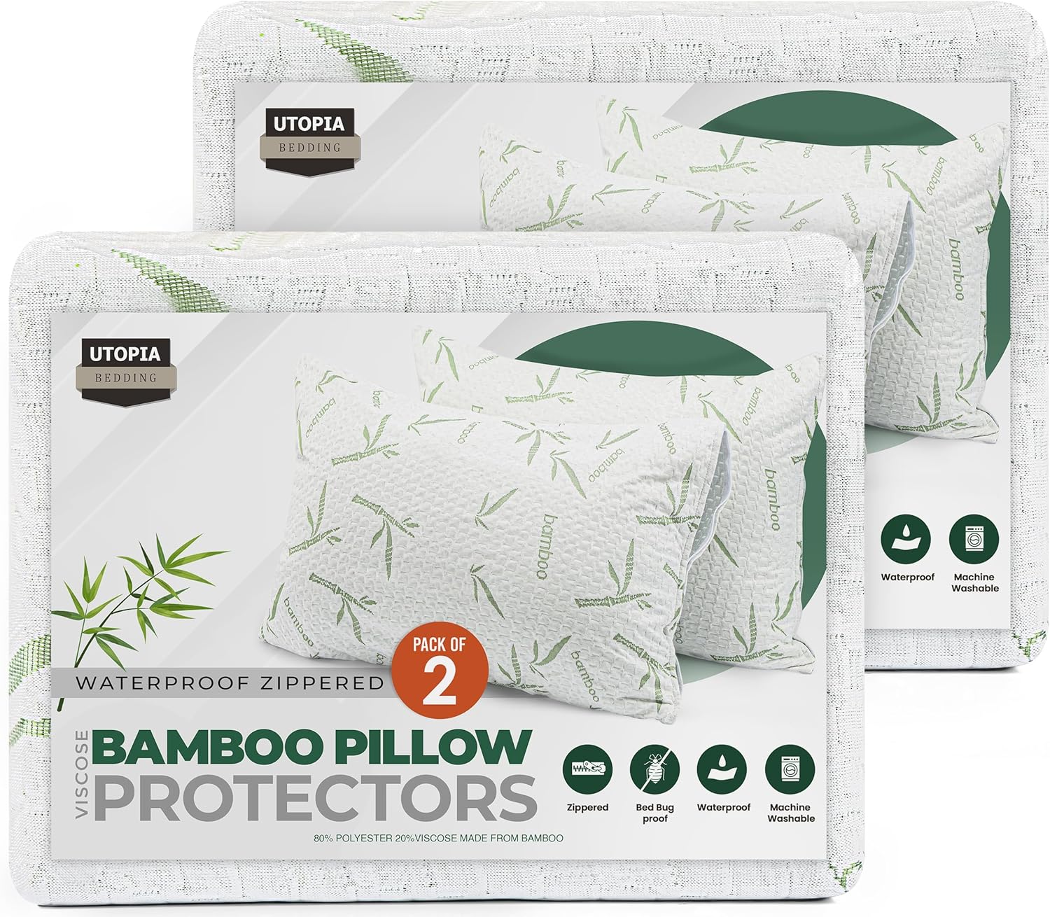 Utopia Bedding Waterproof Bamboo Viscose Pillow Protector Zippered (2