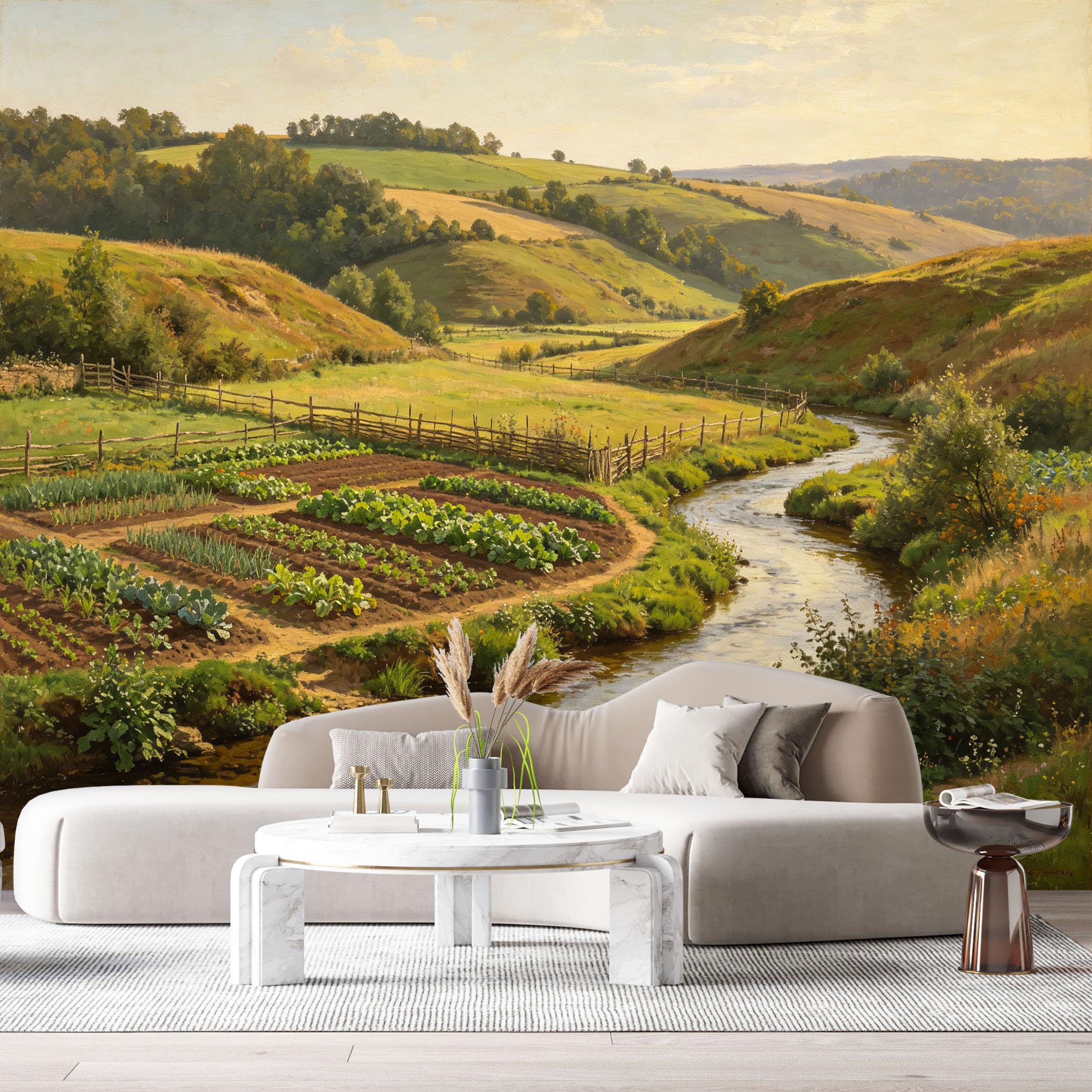 Custom Size Wall Murals Rolling Hills Countryside Farmhouse Oil Painting River Bank Rural Vegetable Patch SelfAdhesive Wall Fabric Removable Large Wallpaper for Photo Living Room