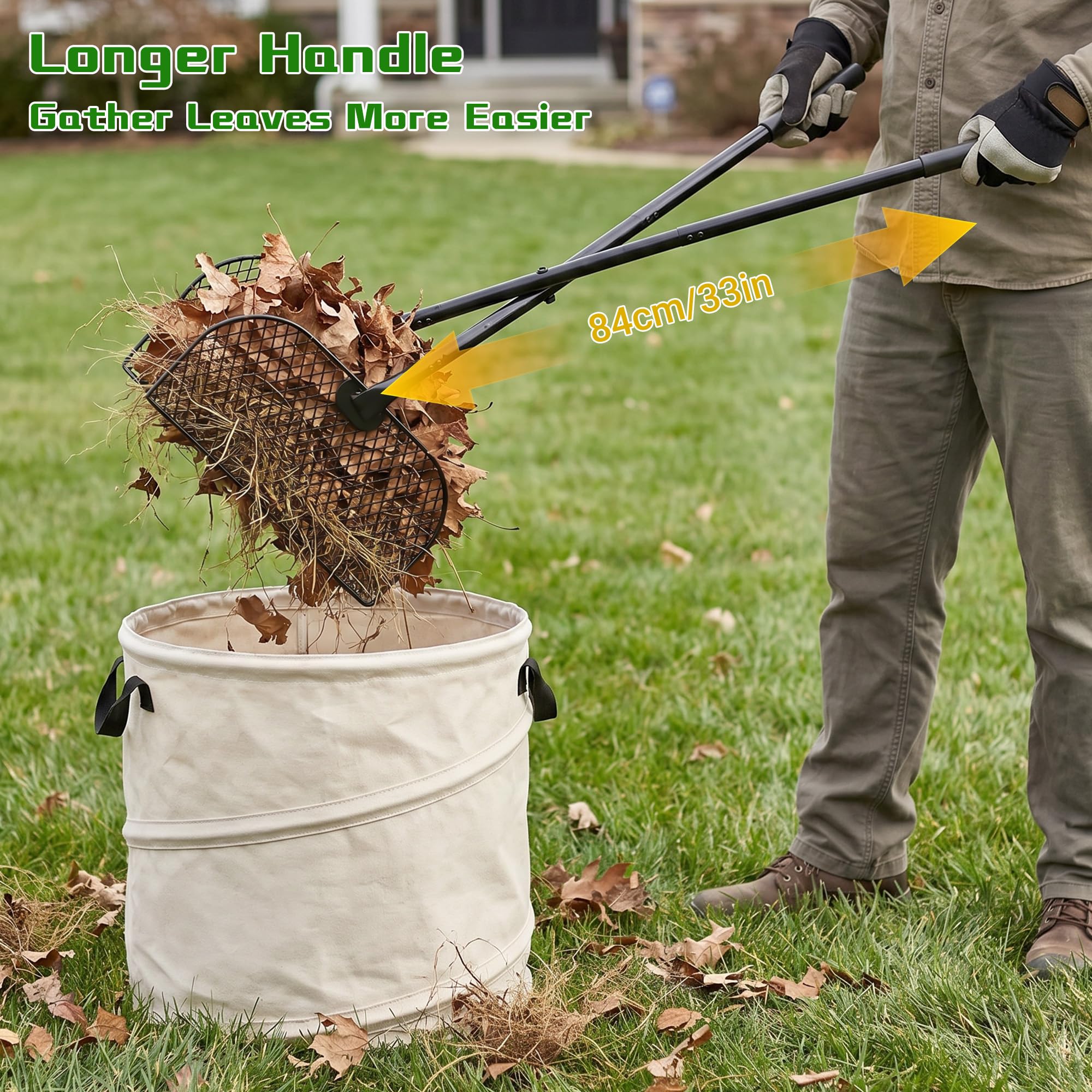 Rastrello per raccogliere foglie in metallo leggero con manico lungo, raccoglie foglie per giardinaggio, raccolta rifiuti e erba superiore, non si piega, Regno Unito