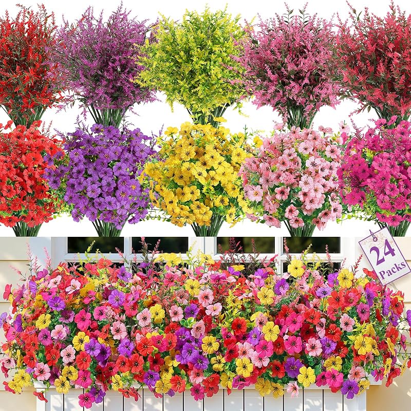 SHareconn 24 paquetes de flores artificiales para decoración al aire libre resistente a los rayos UV | Lavanda violeta de seda realista, flores falsas resistentes a los rayos UV, decoración de primavera ideal para patio, porche, jardinera de jardín y hogar, 5 colores