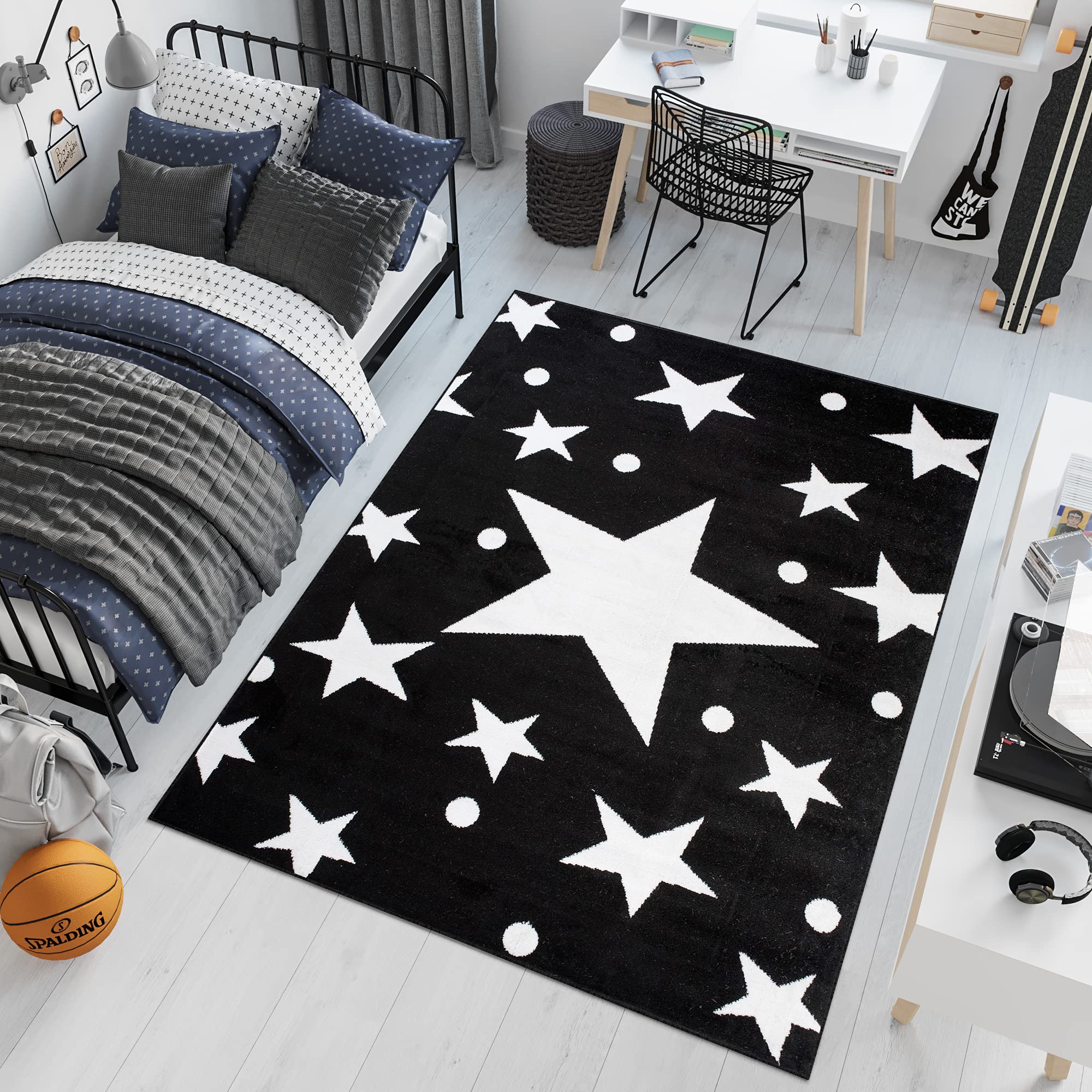TAPISO Bali Tapis de Salon Chambre Ado Jeu Design Moderne Noir Blanc Géométrique Etoiles Pois Doux Fin 220 x 300 cm