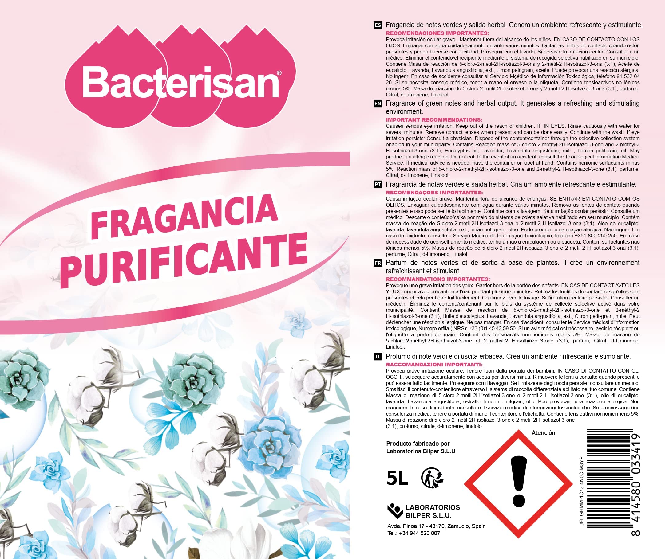 BACTERISAN Ambientador purificante 5 L, Fragancia de notas verdes y salida herbal, Genera un ambiente refrescante y estimulante