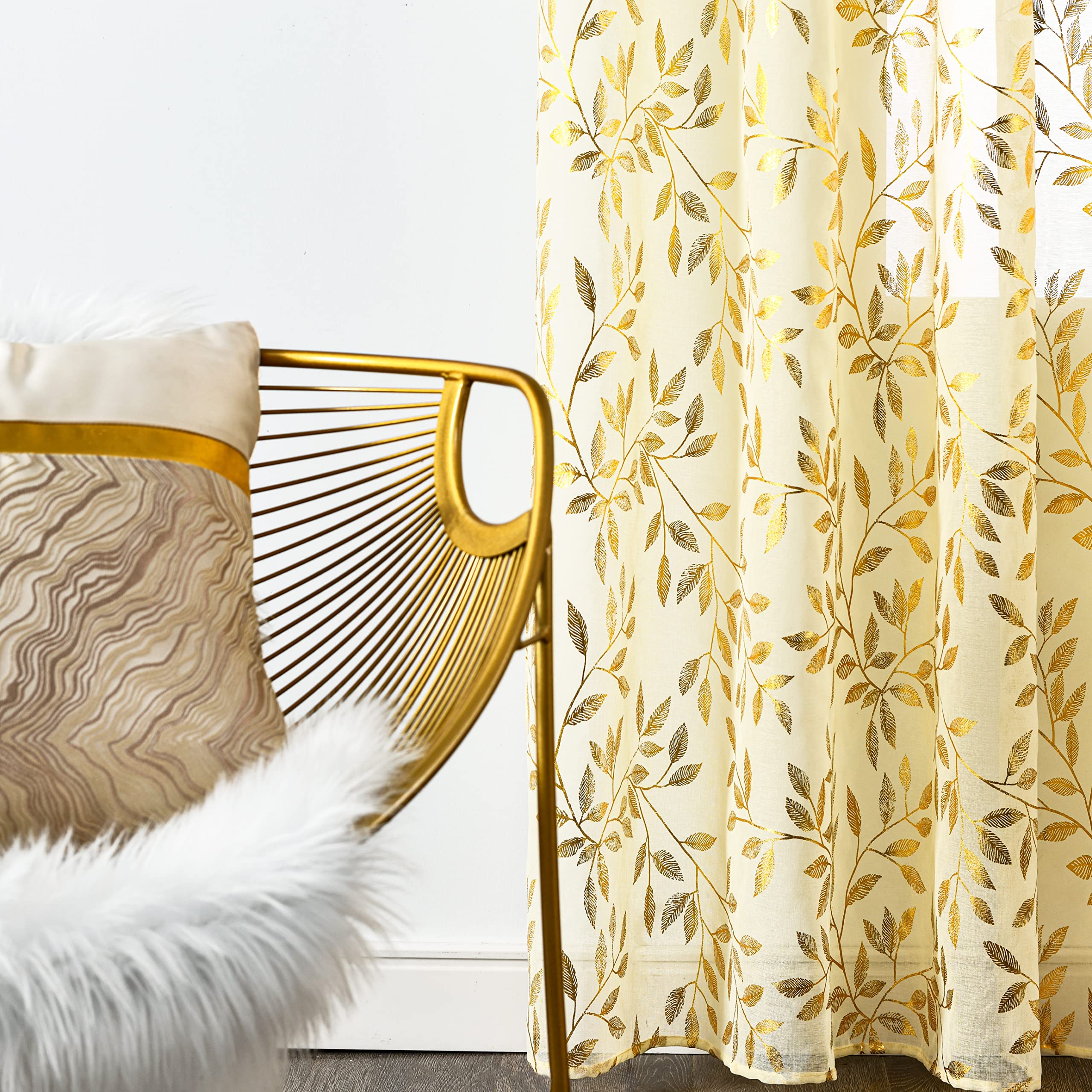 Sutuo Home Transparente Vorhänge, 213,3 cm lang, 2 Paneele, Goldfolien-Druck, metallische Bronzeblätter, Sichtfenster, Dekoration, Vorhangpaar für Weihnachten, Schlafzimmer, Küche, Wohnzimmer, 132,1
