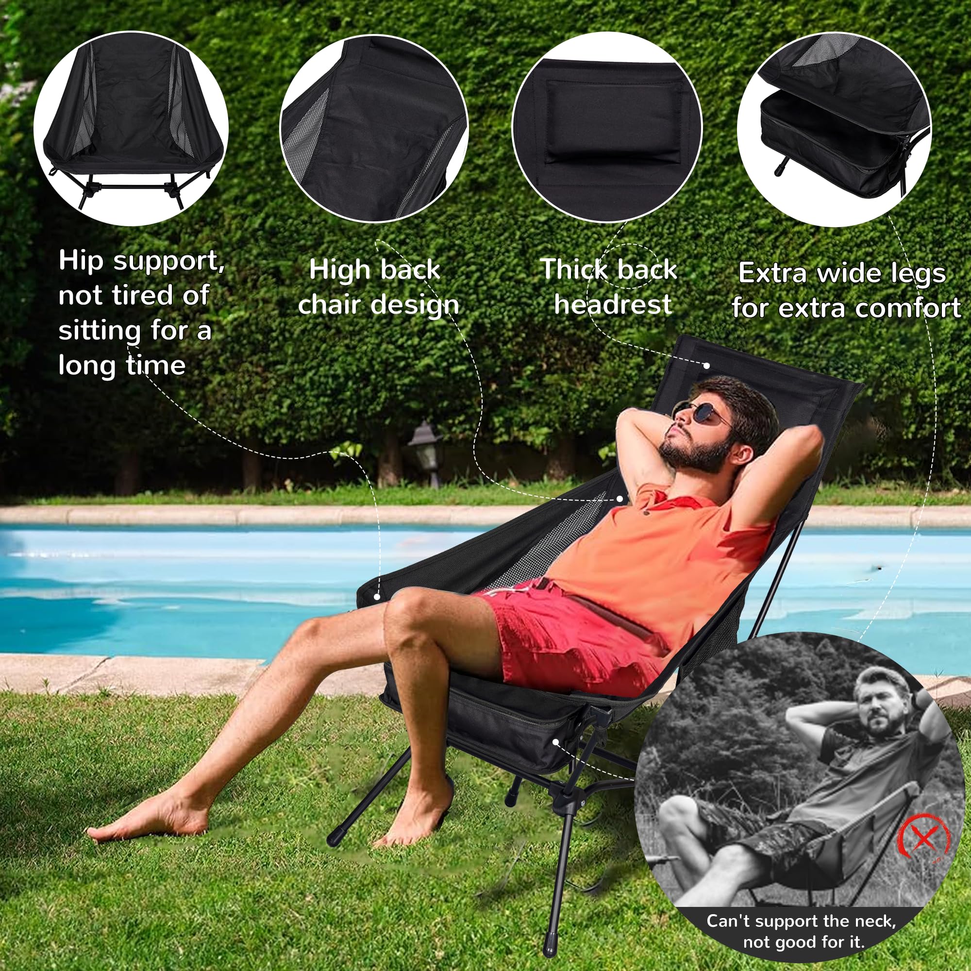 Sedia da viaggio, schienale lungo nero con cuscino per il collo, sedia da campeggio pieghevole leggera, sedile portatile completamente imbottito con tasca laterale, supporto 150 kg per