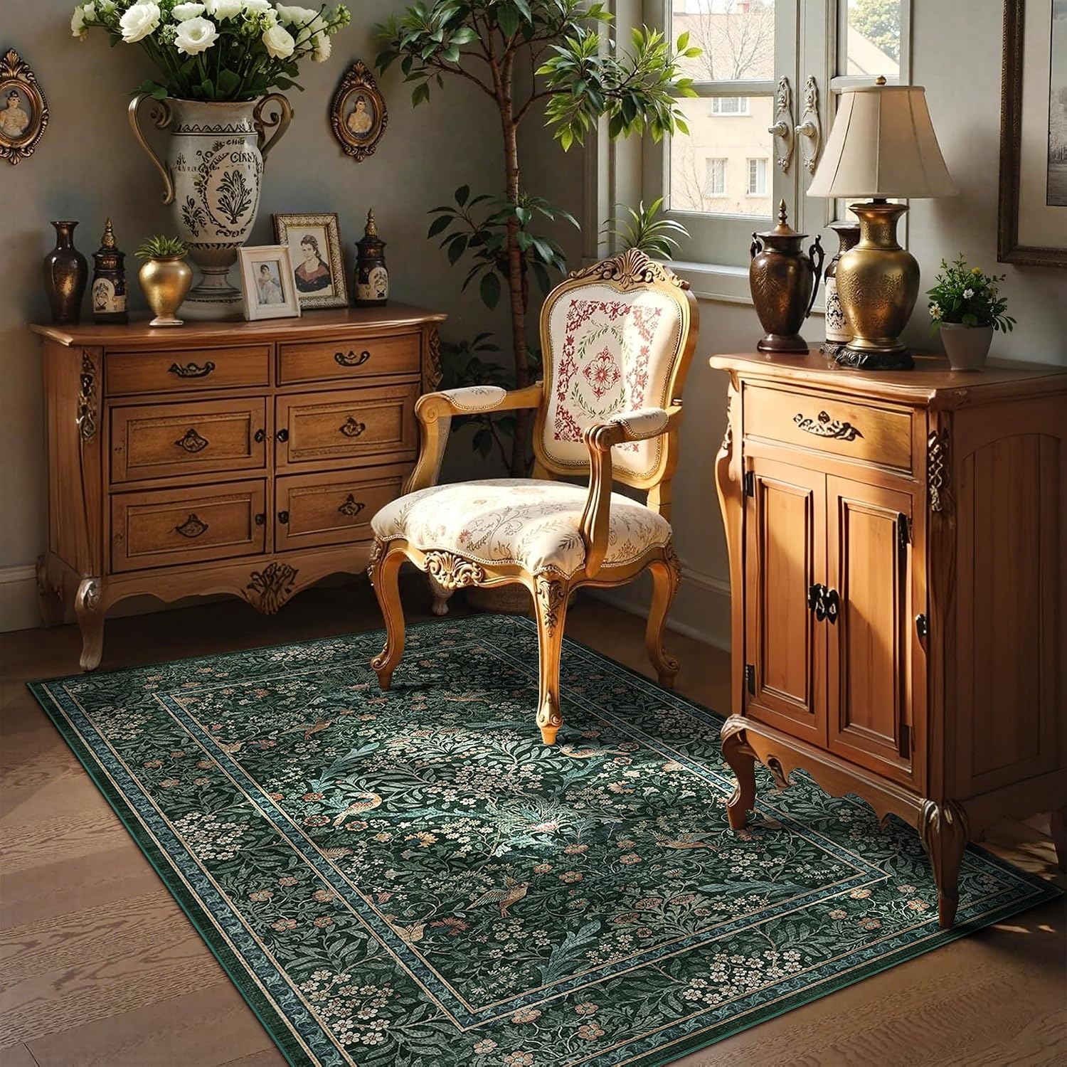 3x5 Floral Washable Area Rug for Living Room, Vintage Boho Rugs for Bedroom Dining Room, Botanical Birds Non Slip Low Pile Forest Throw Carpet for Farmhouse Office, Retro Green/Blue
