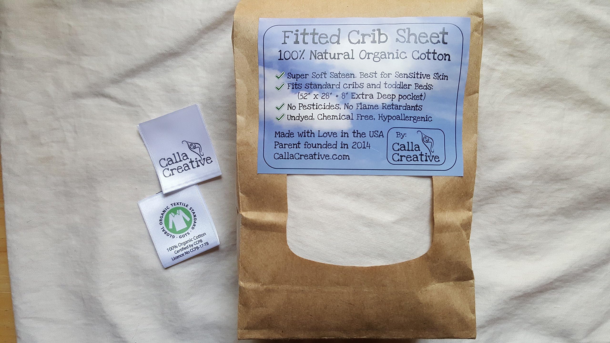 Calla Organic Cotton Fitted Crib Sheet, Unbleached, Undyed, Natural Sleep for Babies. Snugly Fits All Standard Cribs and Toddler beds 28" x 56" with Extra deep Pocket!